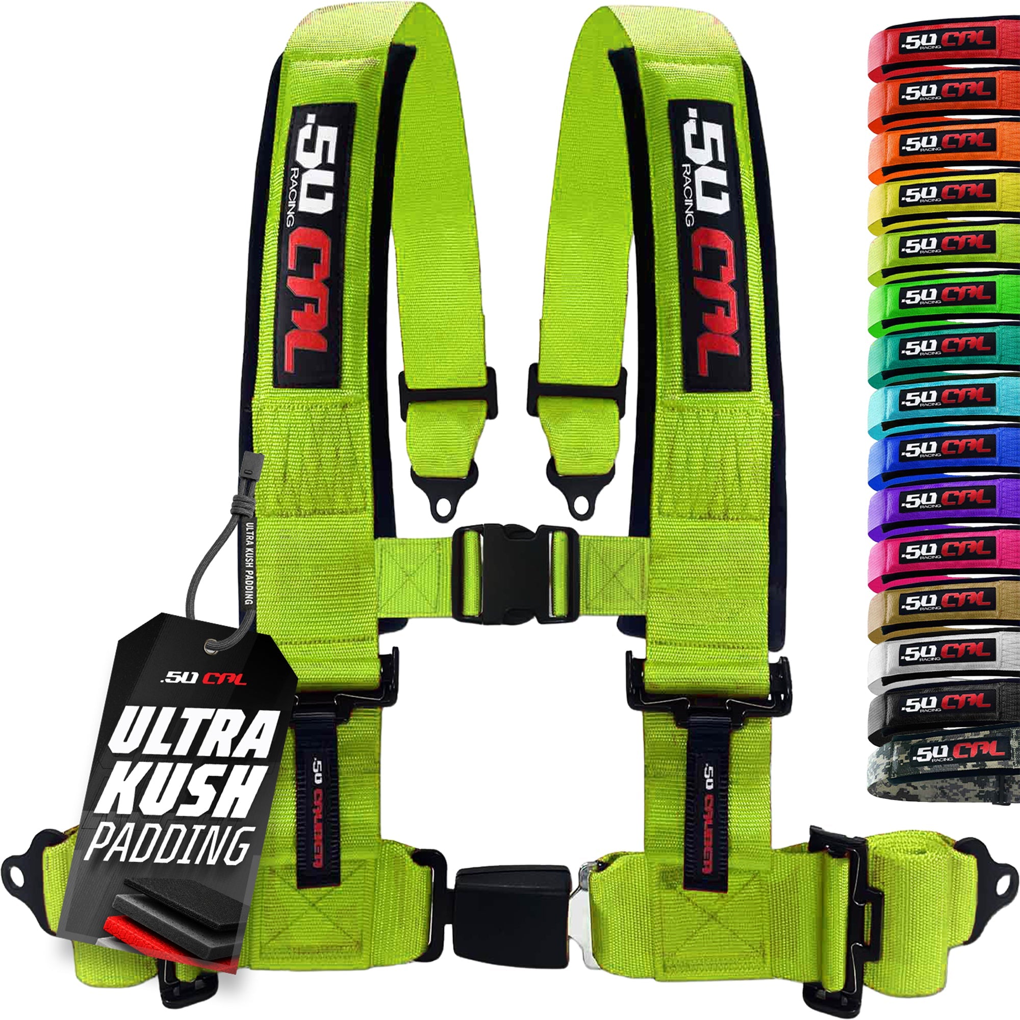 50 Caliber Racing 4-Point UTV Harness – Push Button, Sewn-In Pads, 10 Colors, 2" & 3"