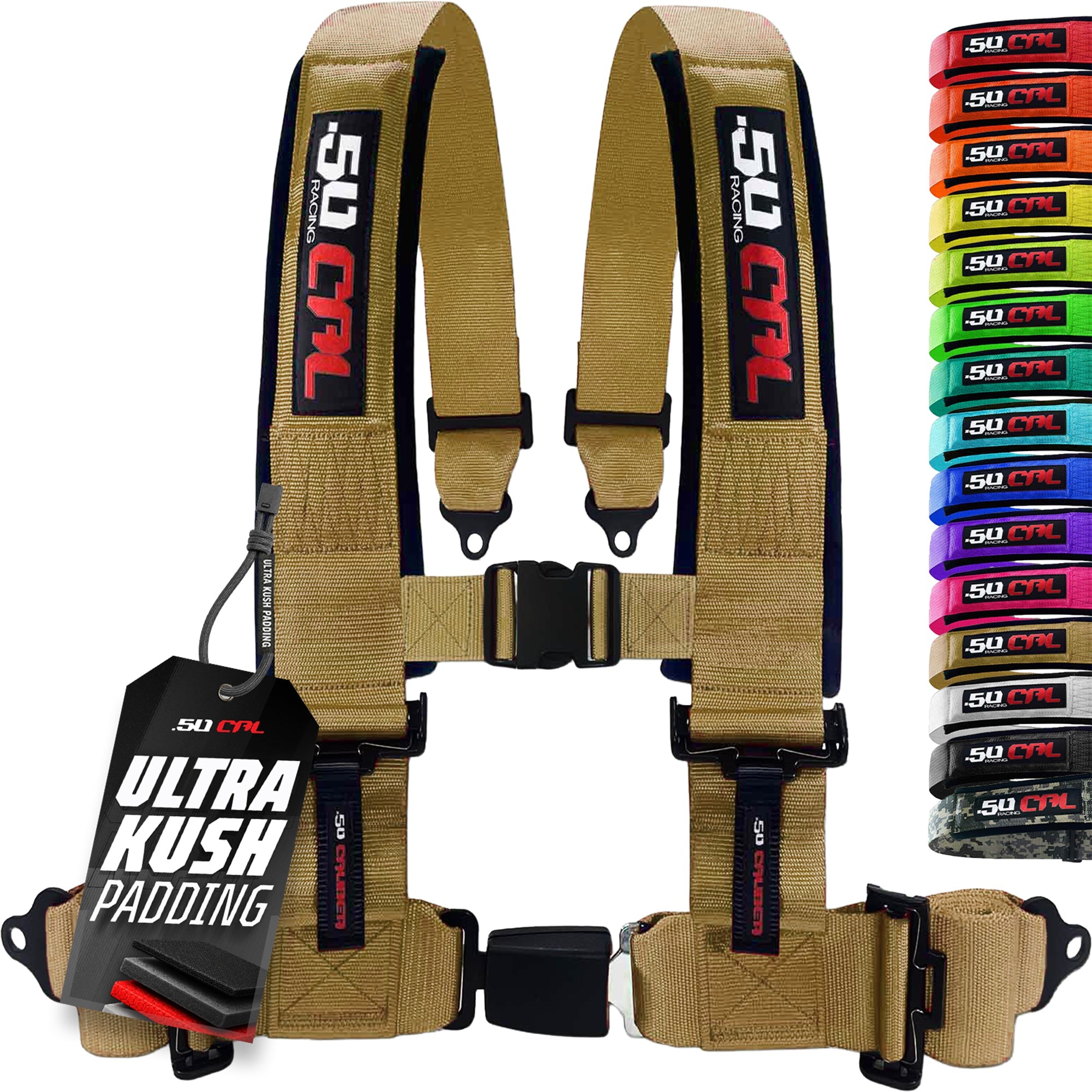50 Caliber Racing 4-Point UTV Harness – Push Button, Sewn-In Pads, 10 Colors, 2" & 3"