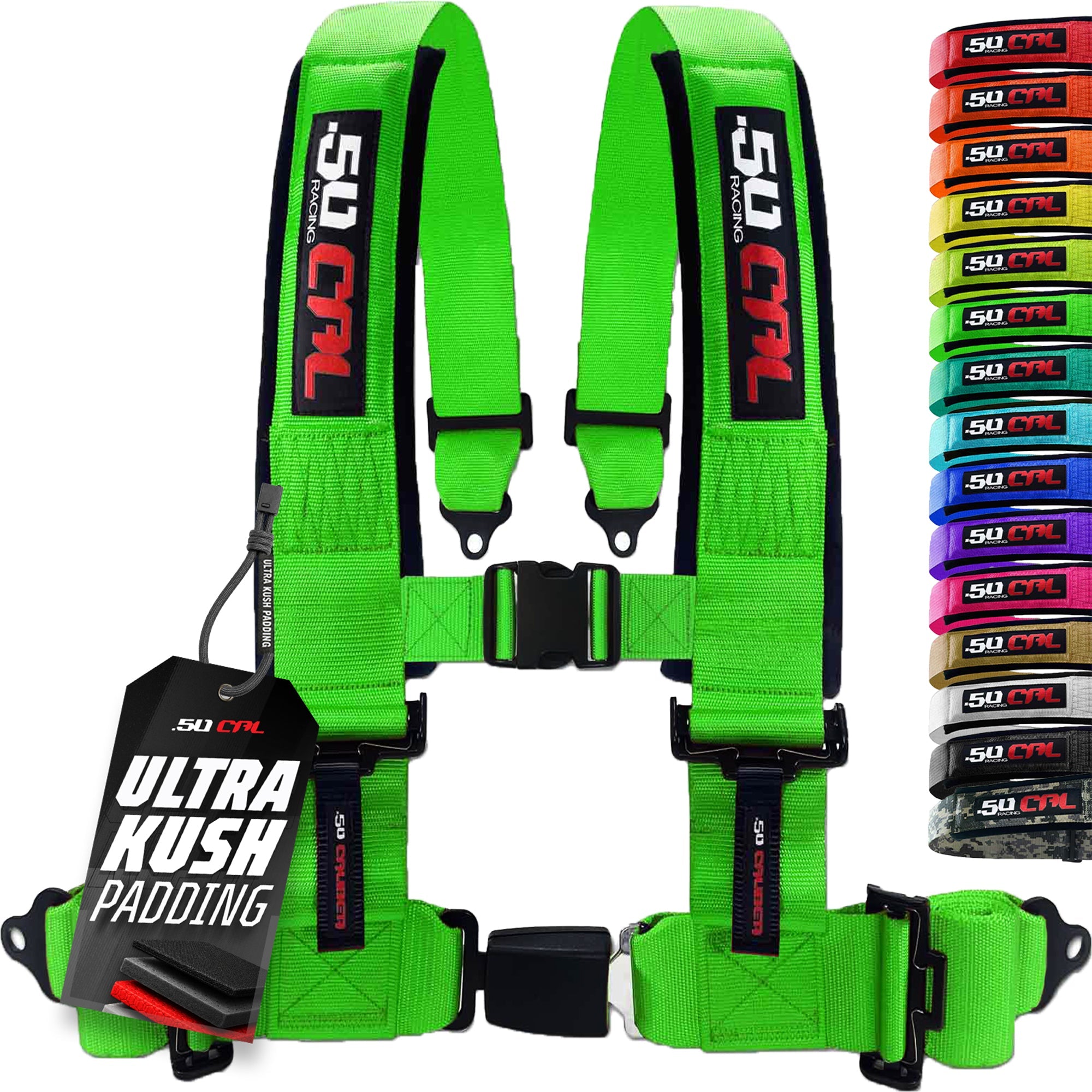 50 Caliber Racing 4-Point UTV Harness – Push Button, Sewn-In Pads, 10 Colors, 2" & 3"