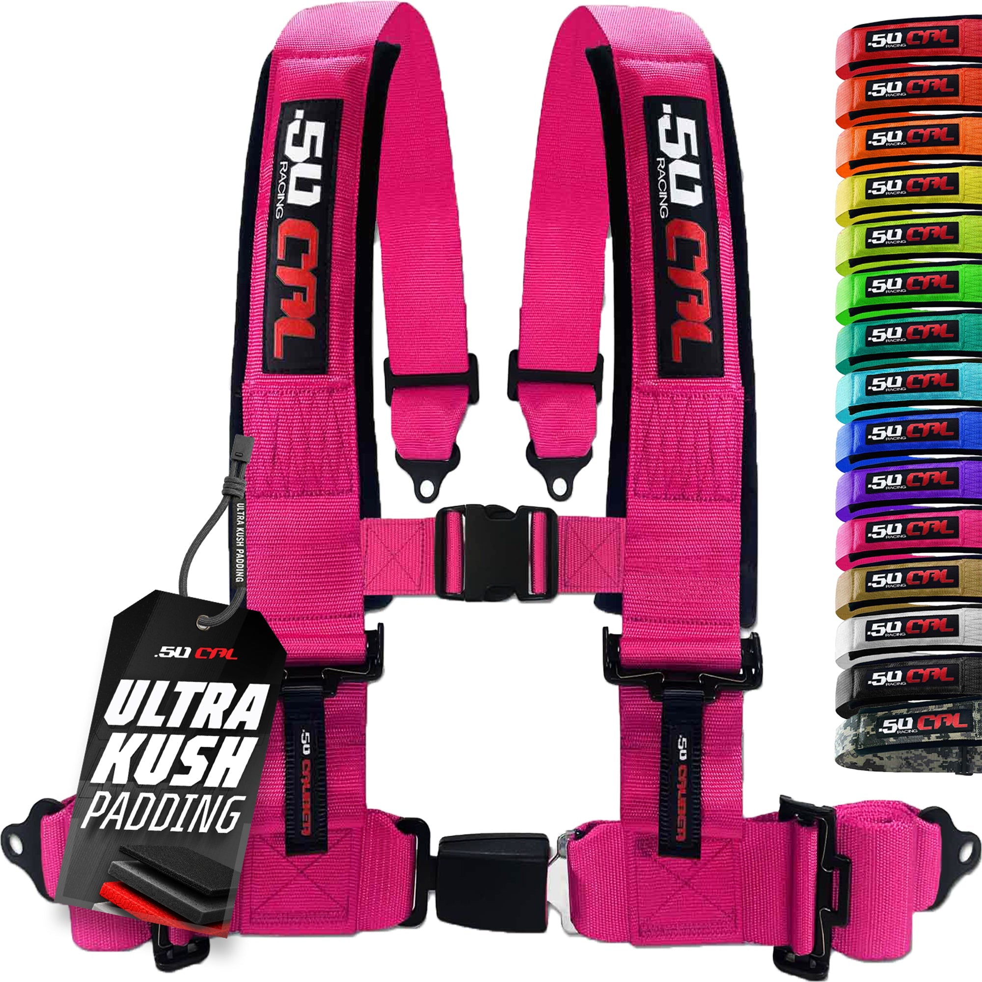 50 Caliber Racing 4-Point UTV Harness – Push Button, Sewn-In Pads, 10 Colors, 2" & 3"