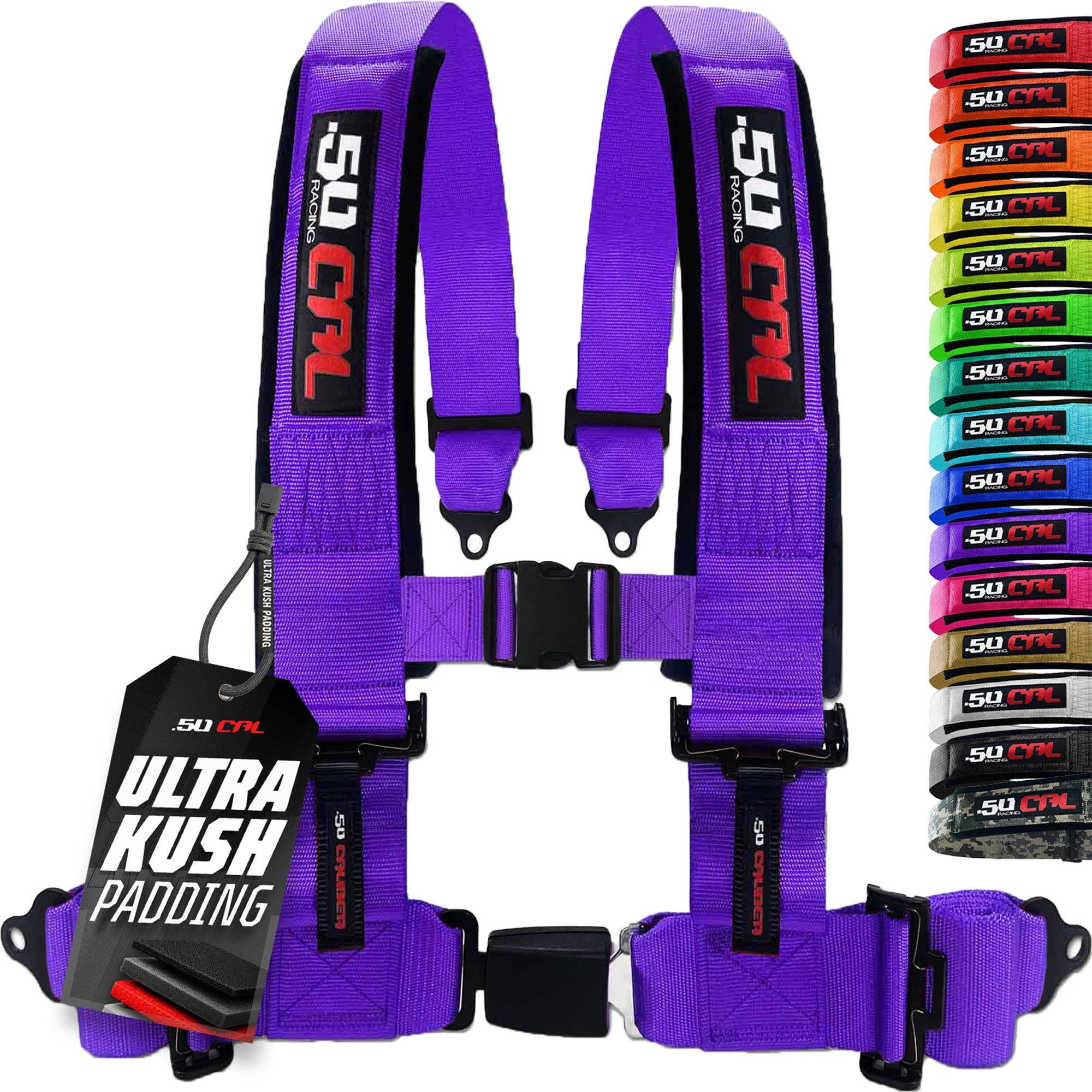 50 Caliber Racing 4-Point UTV Harness – Push Button, Sewn-In Pads, 10 Colors, 2" & 3"