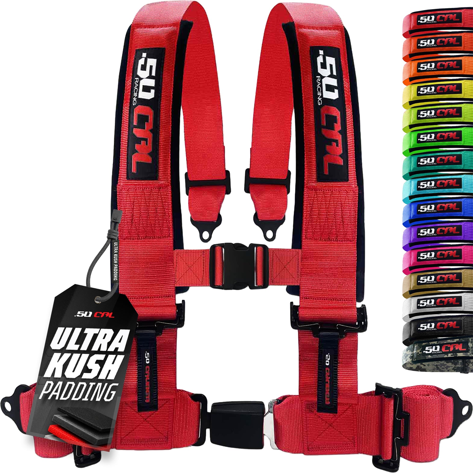 50 Caliber Racing 4-Point UTV Harness – Push Button, Sewn-In Pads, 10 Colors, 2" & 3"