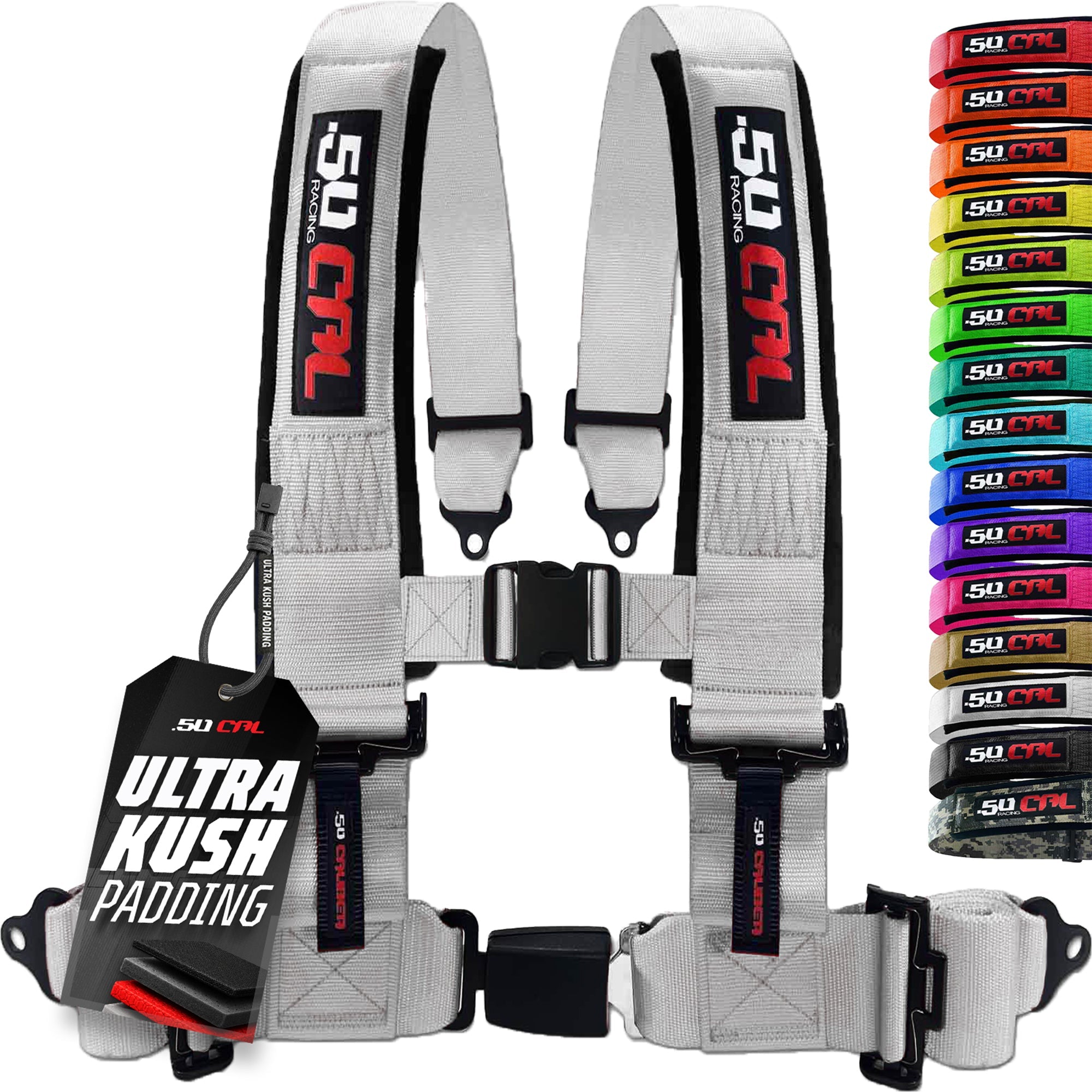 50 Caliber Racing 4-Point UTV Harness – Push Button, Sewn-In Pads, 10 Colors, 2" & 3"