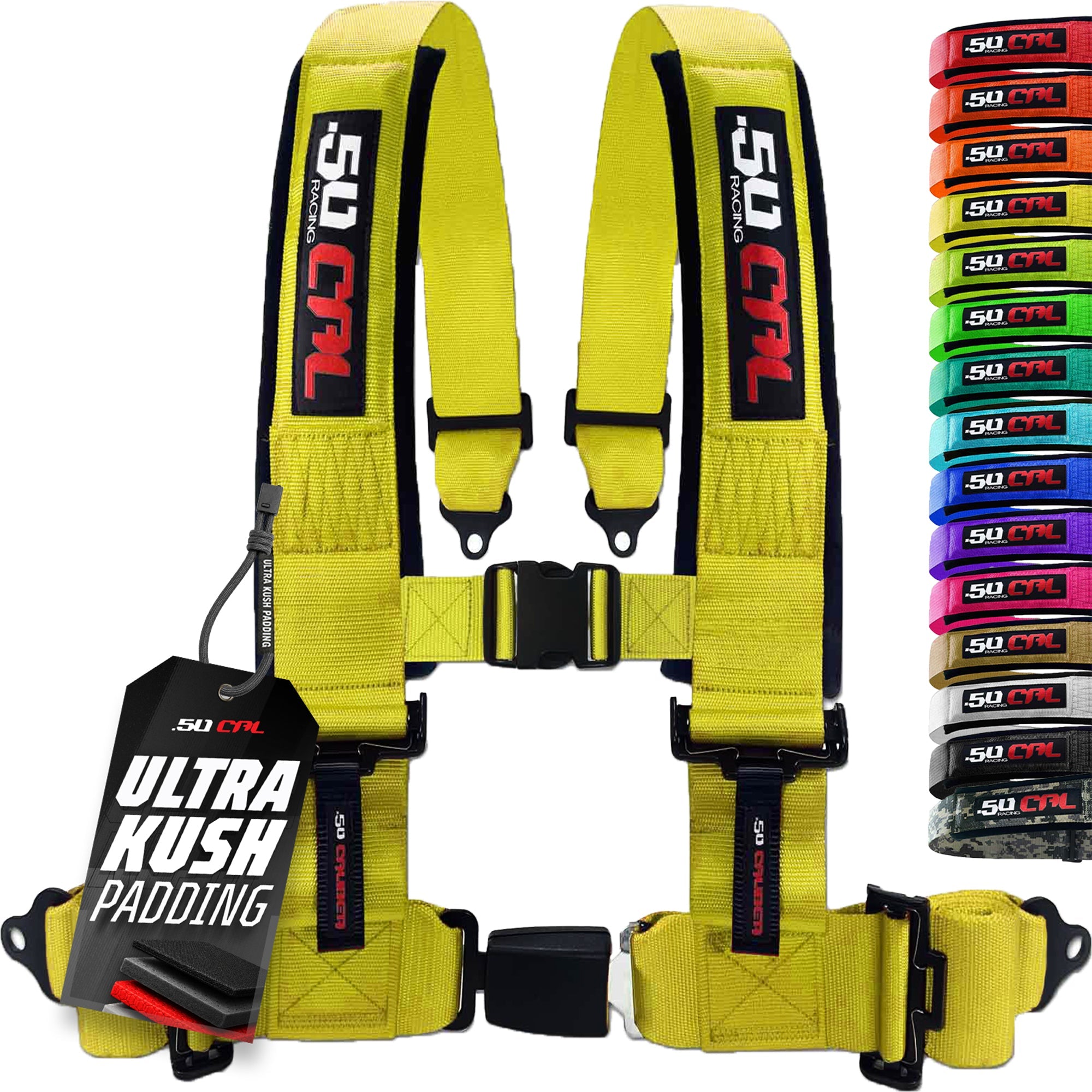 50 Caliber Racing 4-Point UTV Harness – Push Button, Sewn-In Pads, 10 Colors, 2" & 3"