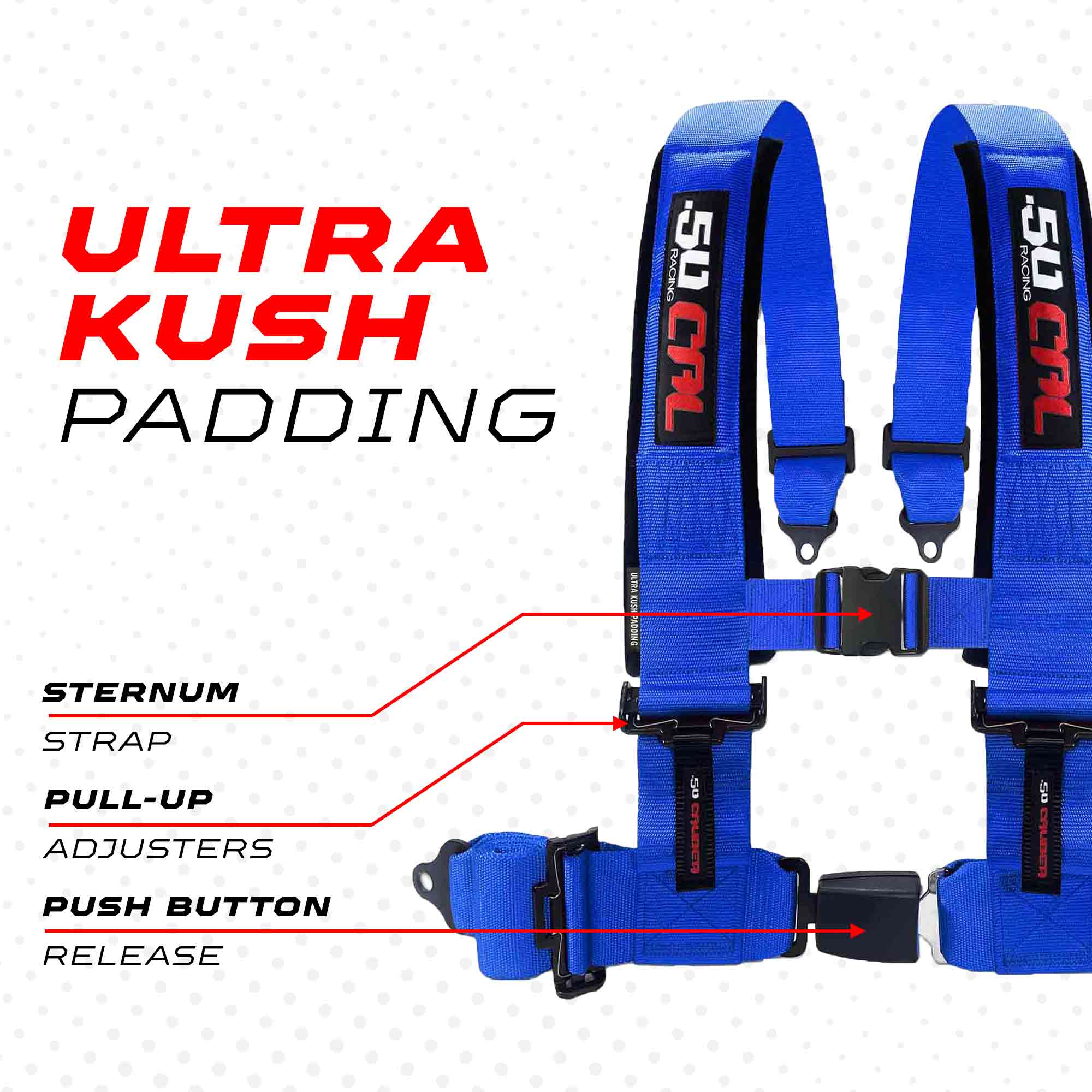 50 Caliber Racing 4-Point UTV Harness | Push Button Release + Sewn-In Pads + Black Hardware | 2" & 3", 10 Colors