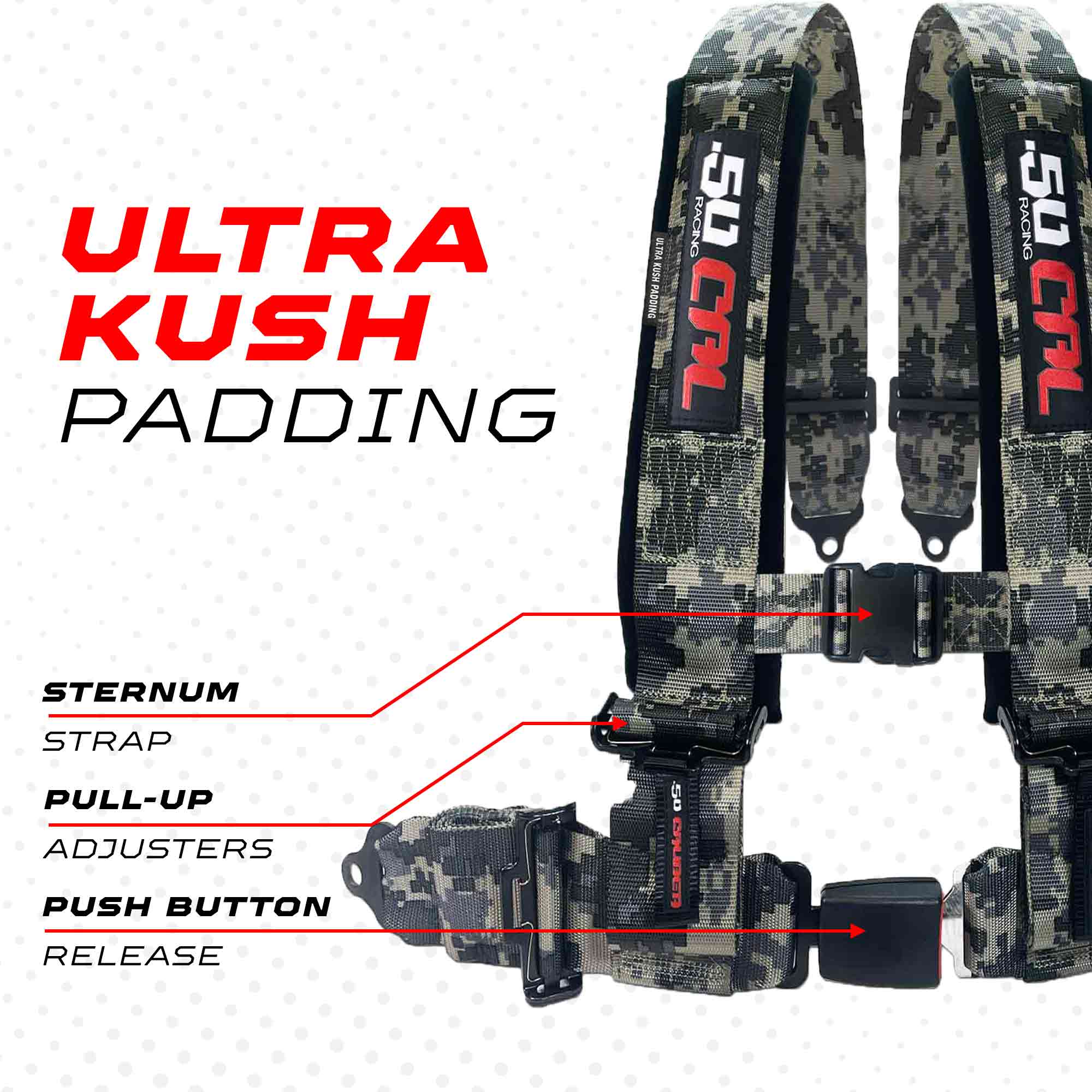 50 Caliber Racing 4-Point UTV Harness | Push Button Release + Sewn-In Pads + Black Hardware | 2" & 3", 10 Colors