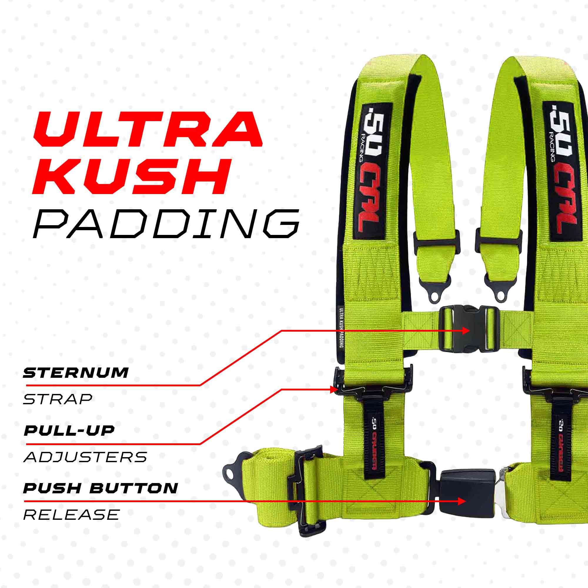50 Caliber Racing 4-Point UTV Harness | Push Button Release + Sewn-In Pads + Black Hardware | 2" & 3", 10 Colors