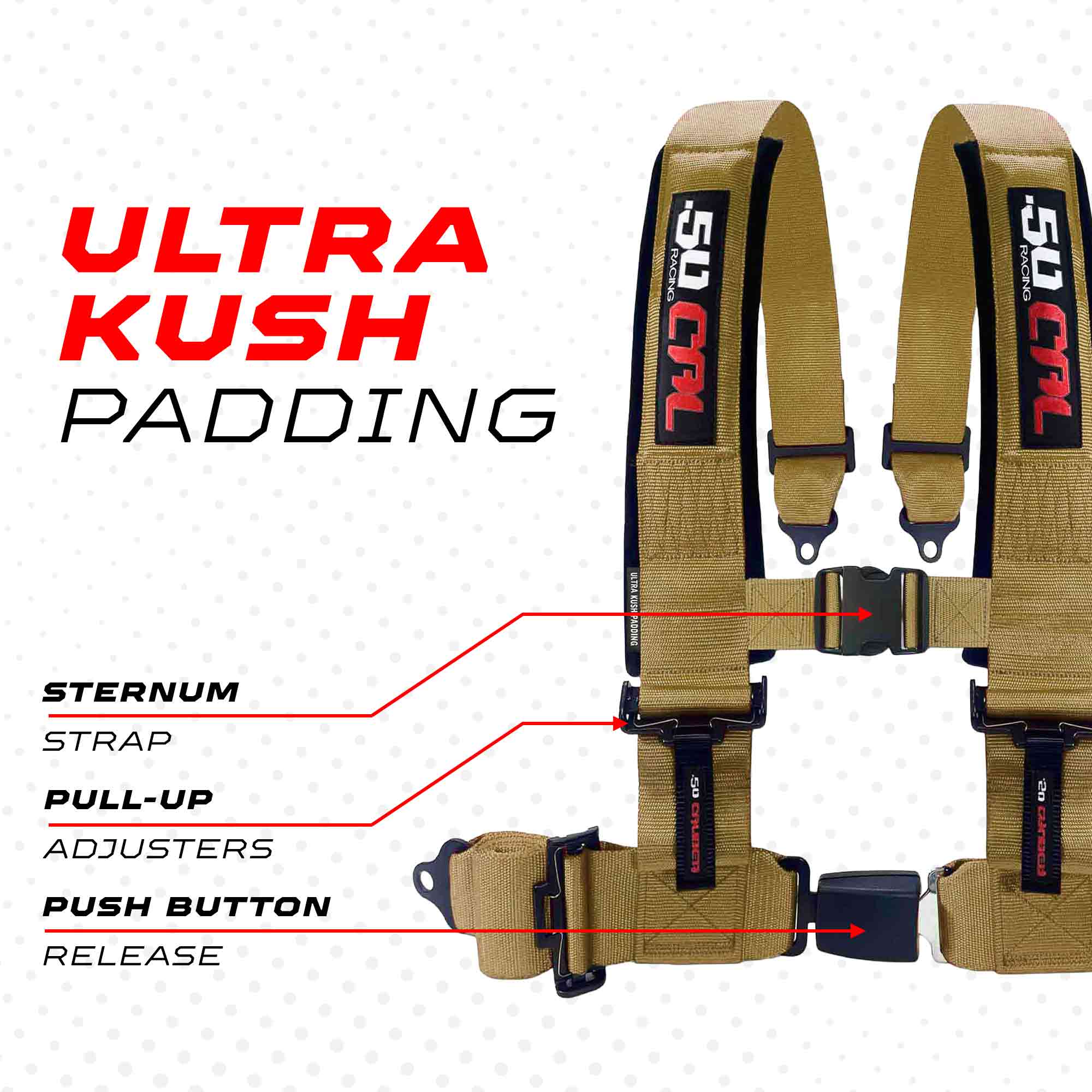 50 Caliber Racing 4-Point UTV Harness | Push Button Release + Sewn-In Pads + Black Hardware | 2" & 3", 10 Colors