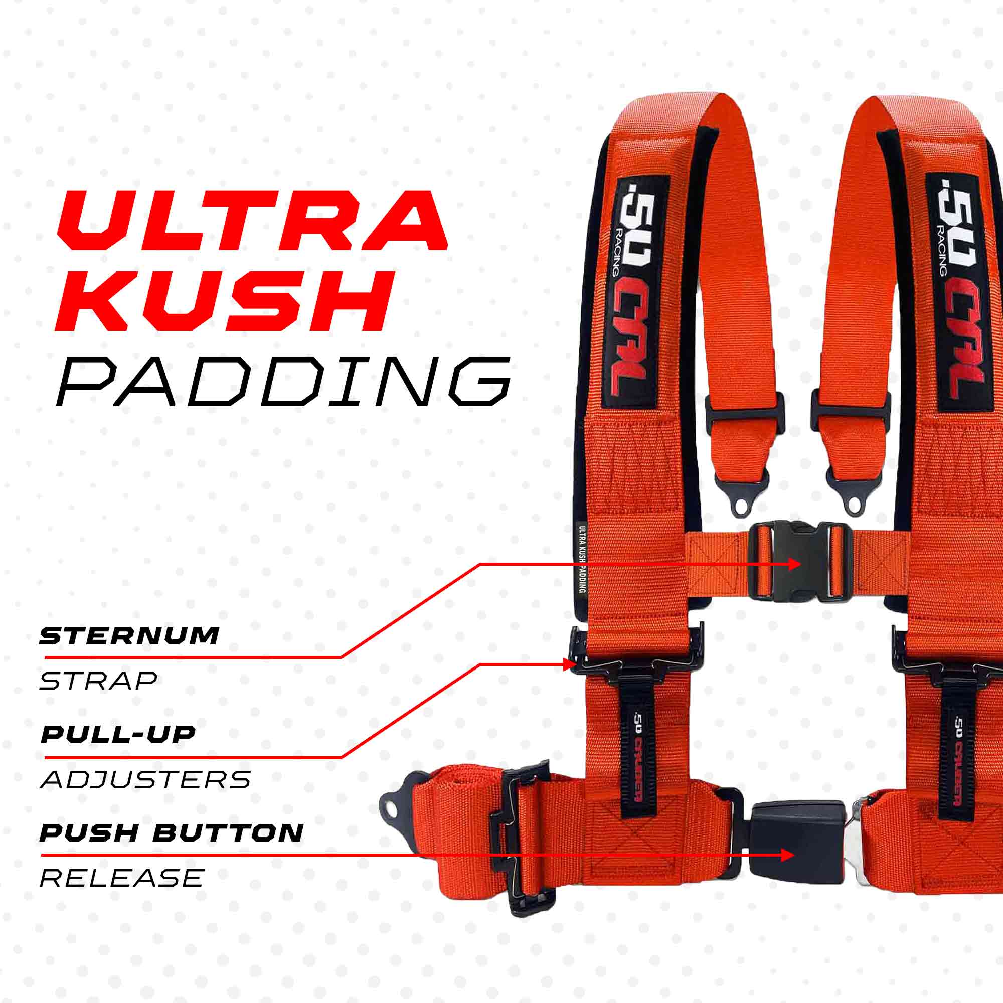 50 Caliber Racing 4-Point UTV Harness | Push Button Release + Sewn-In Pads + Black Hardware | 2" & 3", 10 Colors