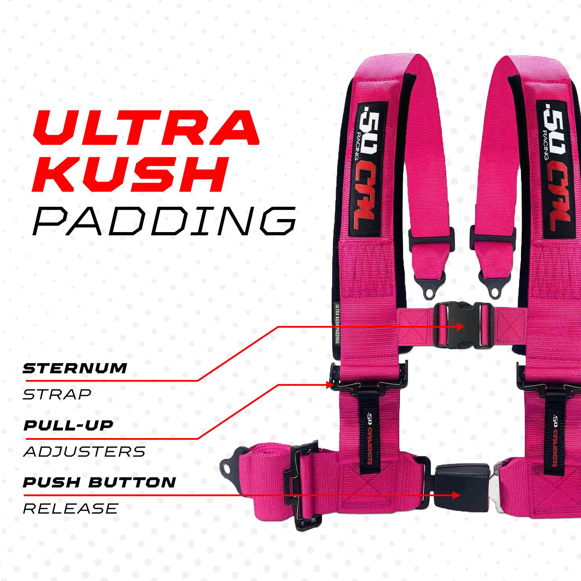 50 Caliber Racing 4-Point UTV Harness | Push Button Release + Sewn-In Pads + Black Hardware | 2" & 3", 10 Colors