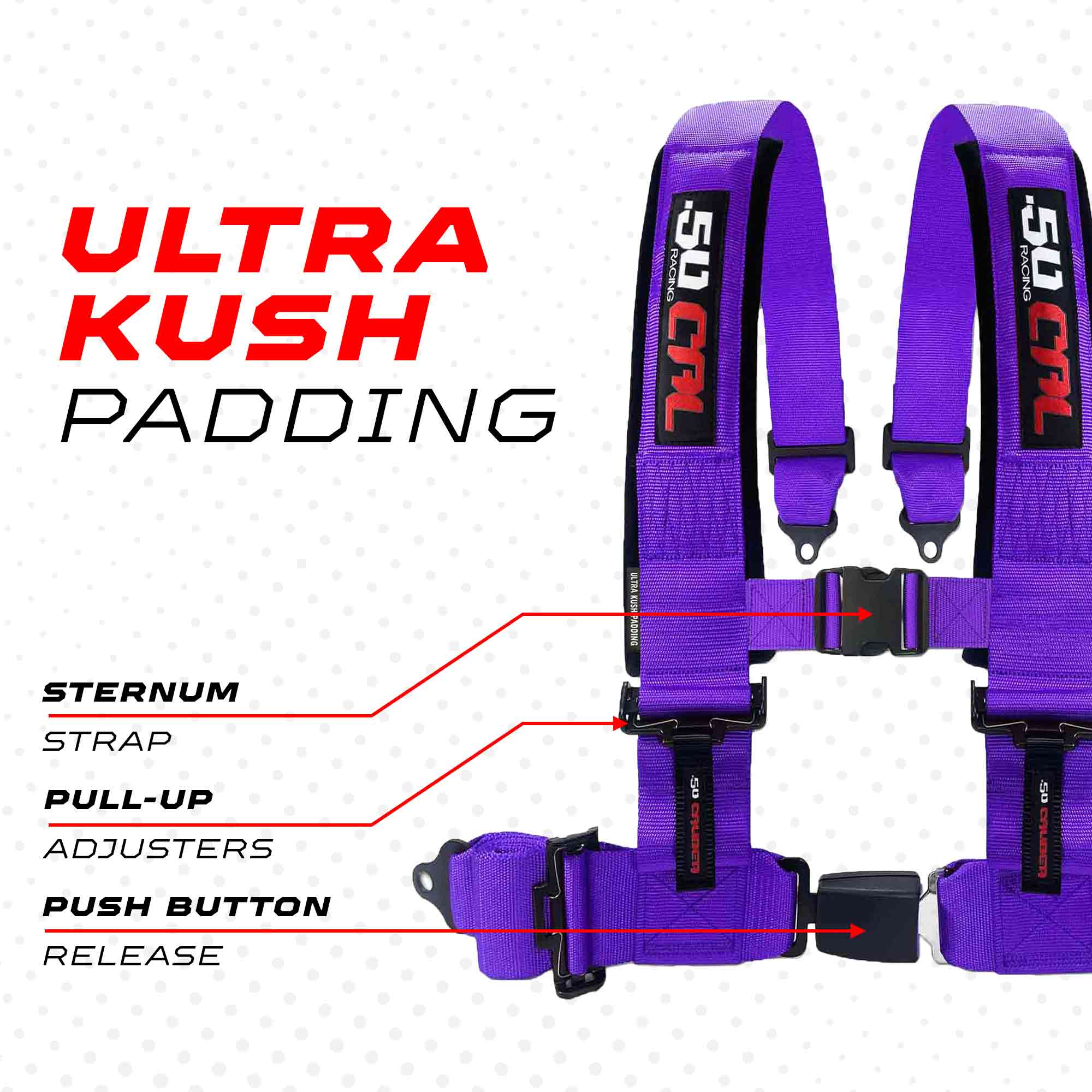 50 Caliber Racing 4-Point UTV Harness | Push Button Release + Sewn-In Pads + Black Hardware | 2" & 3", 10 Colors