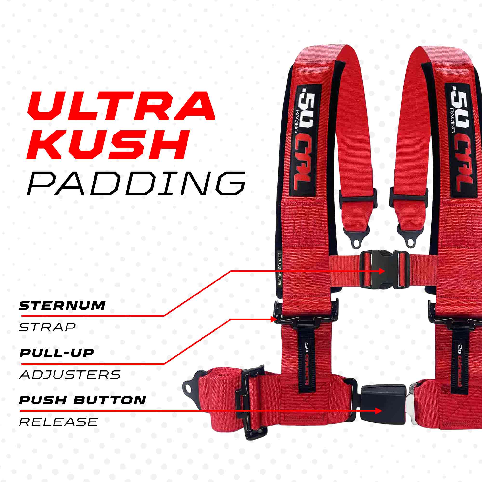 50 Caliber Racing 4-Point UTV Harness | Push Button Release + Sewn-In Pads + Black Hardware | 2" & 3", 10 Colors