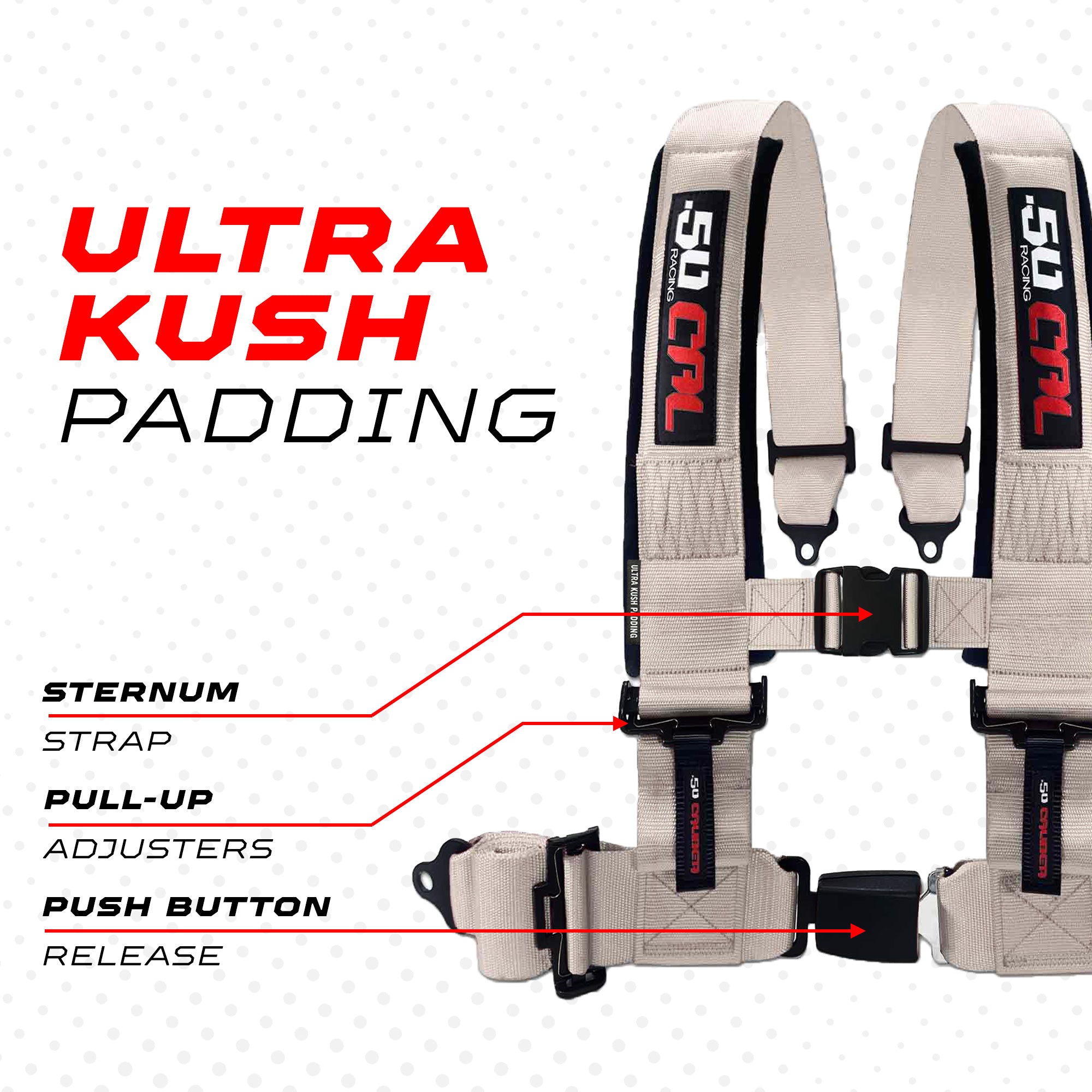 50 Caliber Racing 4-Point UTV Harness | Push Button Release + Sewn-In Pads + Black Hardware | 2" & 3", 10 Colors