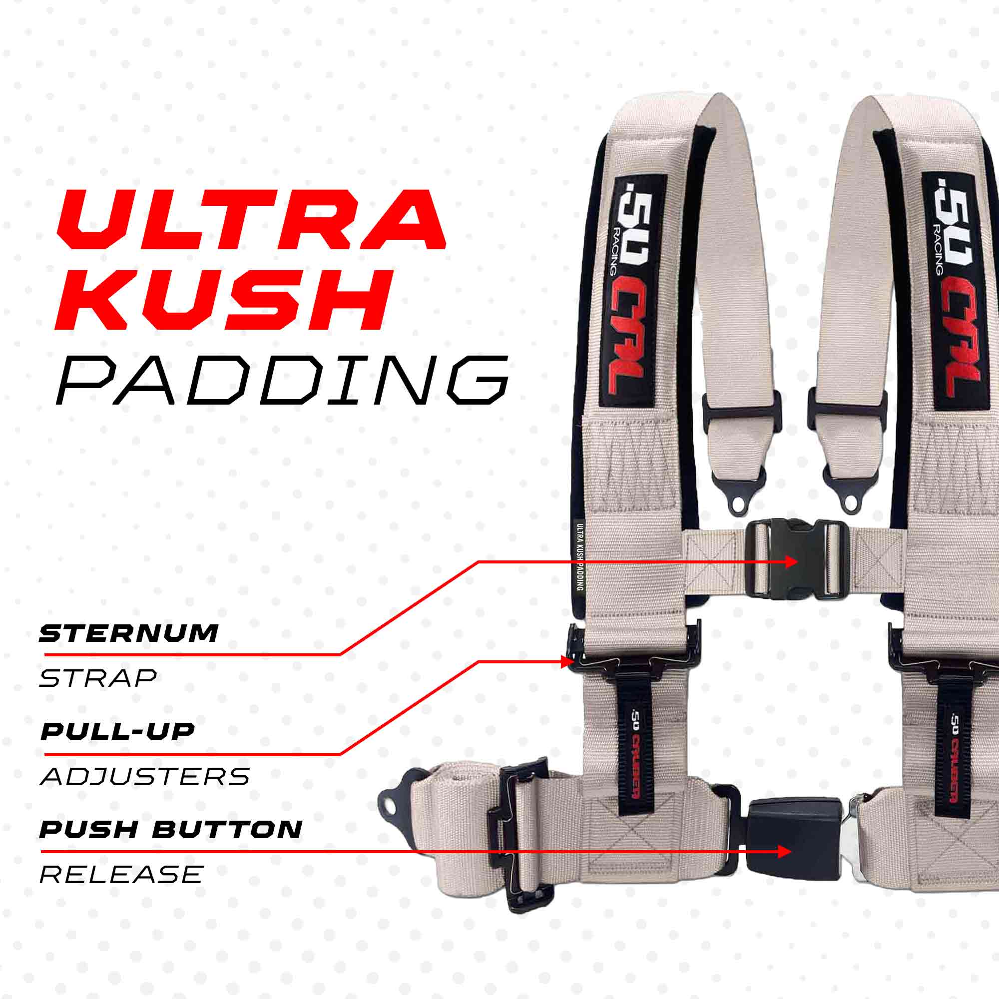 50 Caliber Racing 4-Point UTV Harness | Push Button Release + Sewn-In Pads + Black Hardware | 2" & 3", 10 Colors
