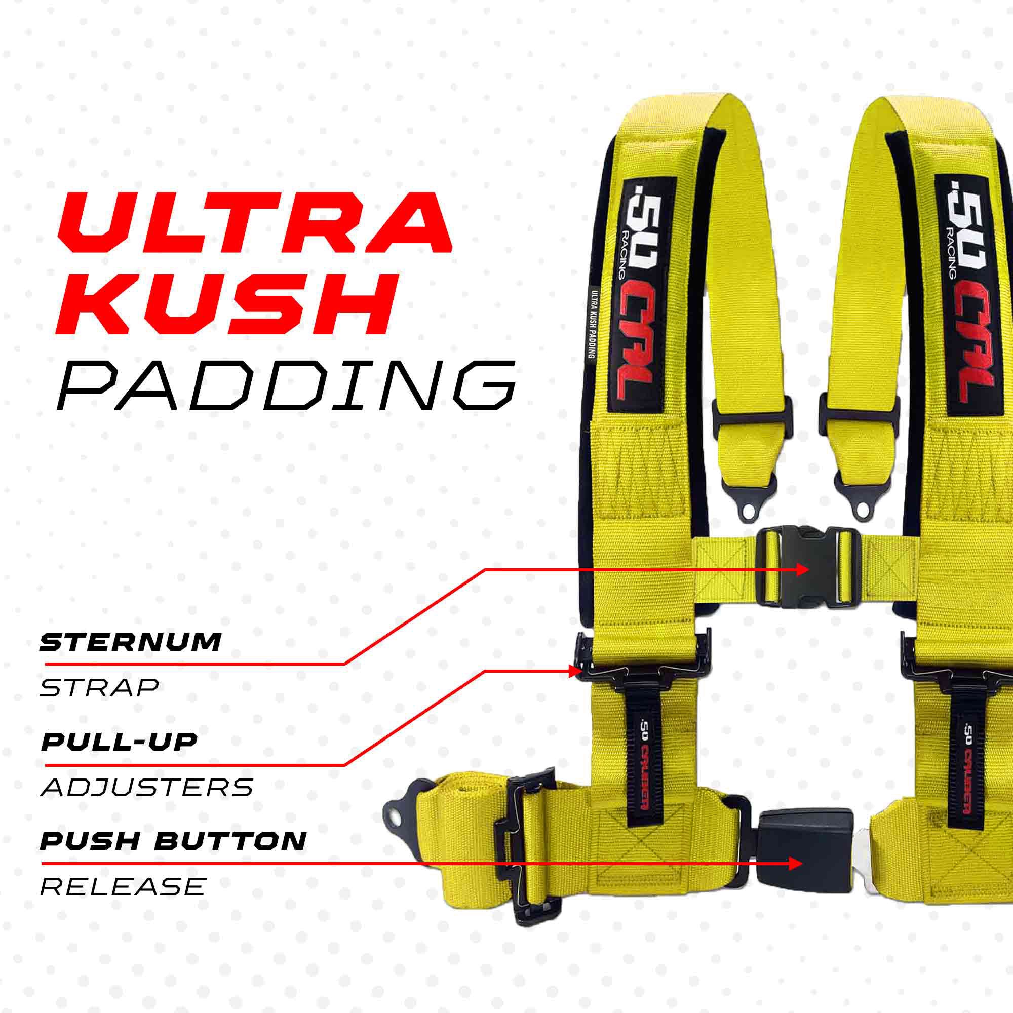 50 Caliber Racing 4-Point UTV Harness | Push Button Release + Sewn-In Pads + Black Hardware | 2" & 3", 10 Colors