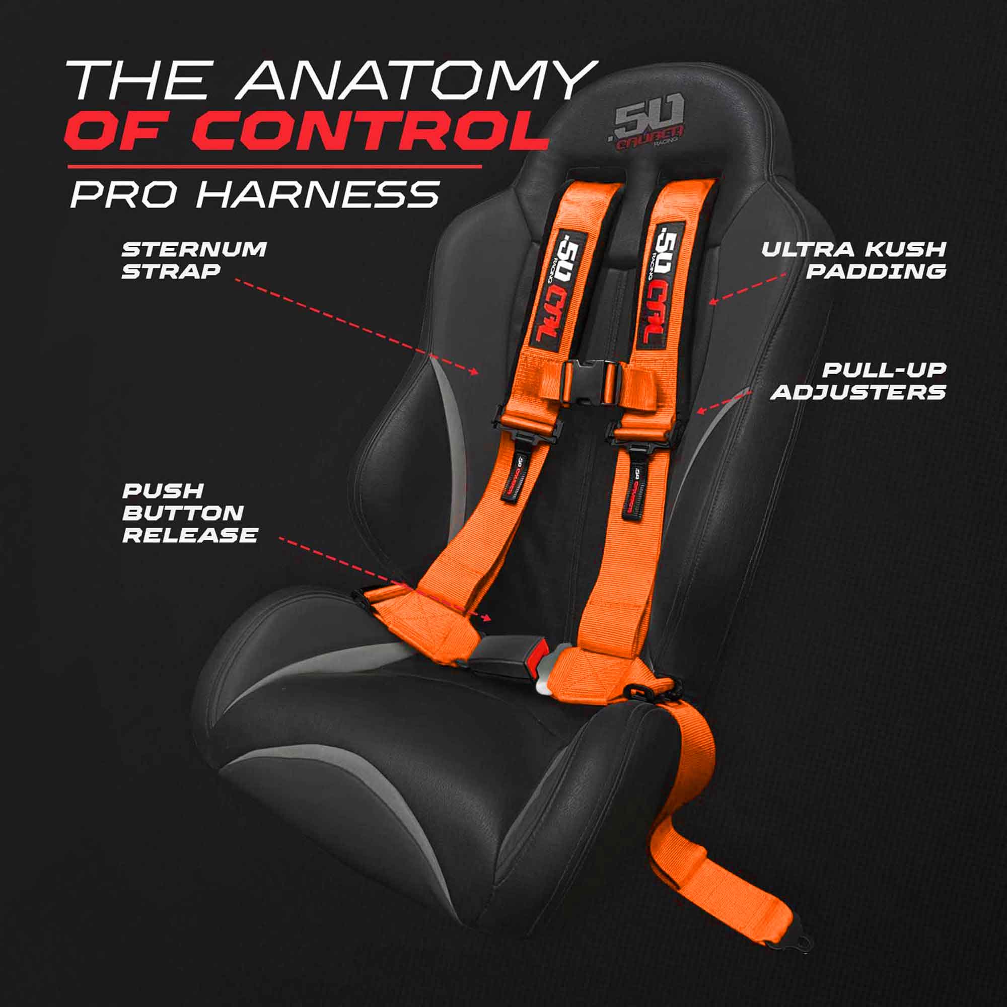 50 Caliber Racing 4-Point UTV Harness – Push Button, Sewn-In Pads, 10 Colors, 2" & 3"