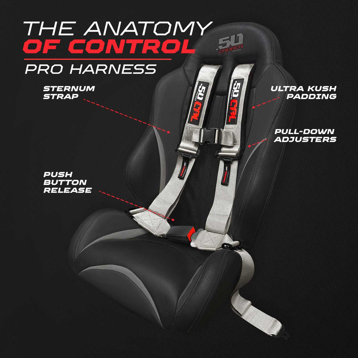 50 Caliber Pro Series 4-point push-button UTV harness – silver – feature overview