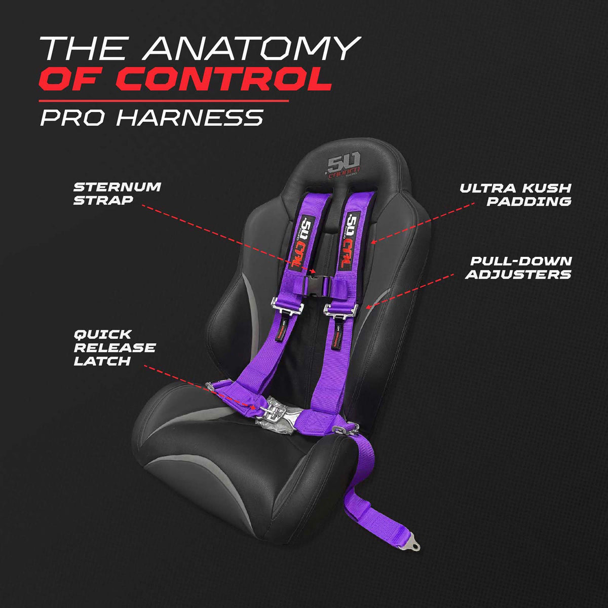 50 Caliber Racing 2-inch 4-point UTV harness in Purple — strap and buckle details