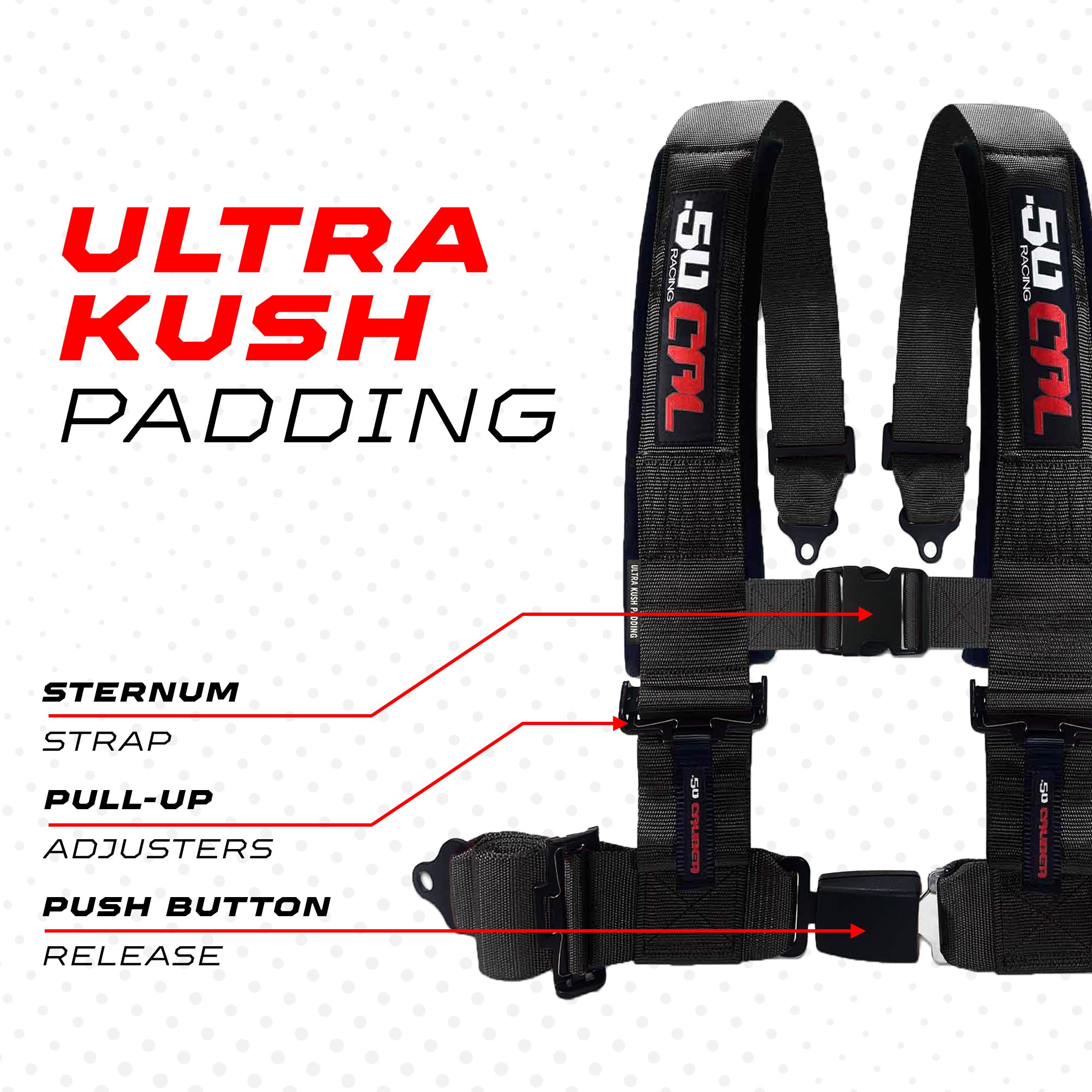 50 Caliber Racing 4-Point UTV Harness – Push Button, Sewn-In Pads, 10 Colors, 2" & 3"