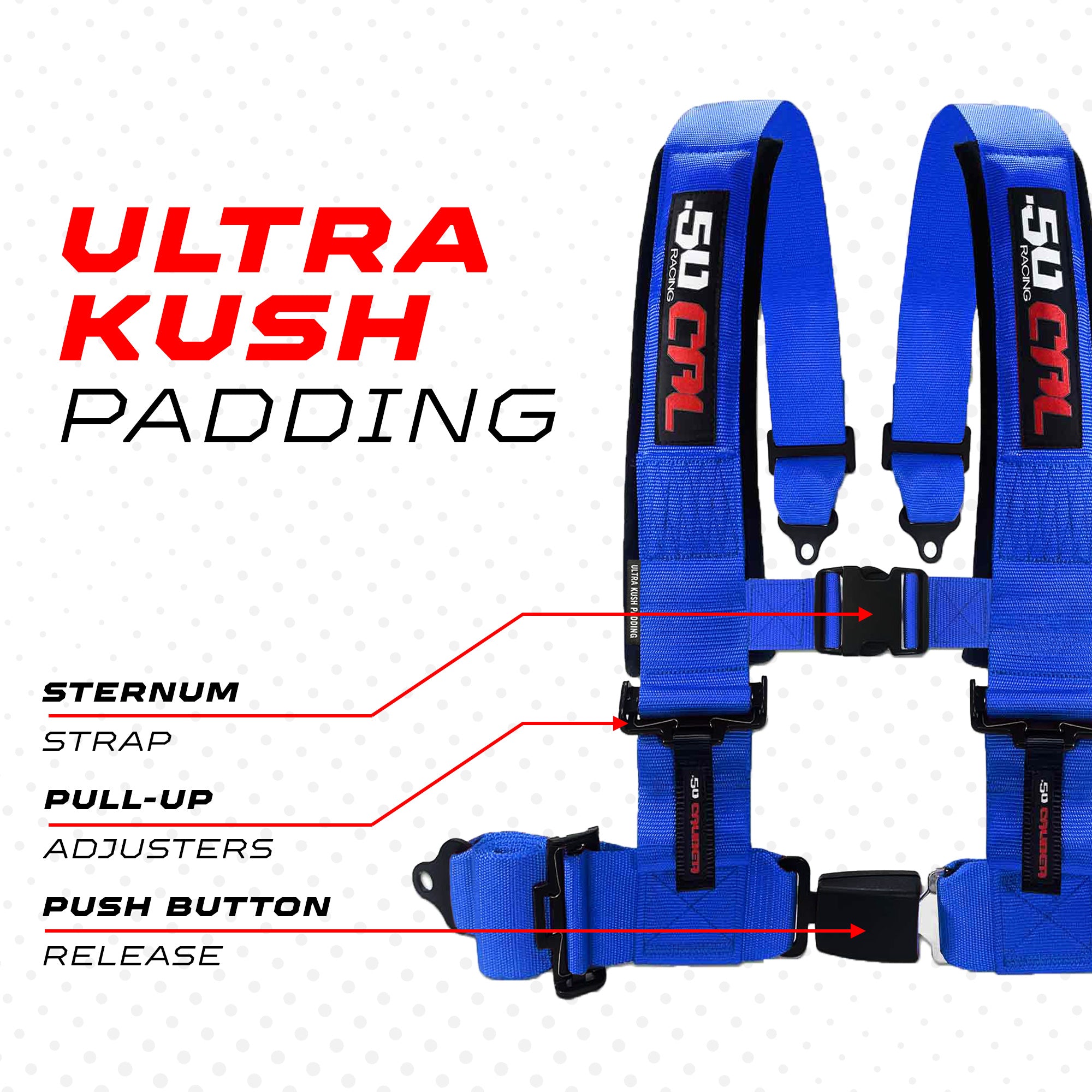 50 Caliber Racing 4-Point UTV Harness – Push Button, Sewn-In Pads, 10 Colors, 2" & 3"