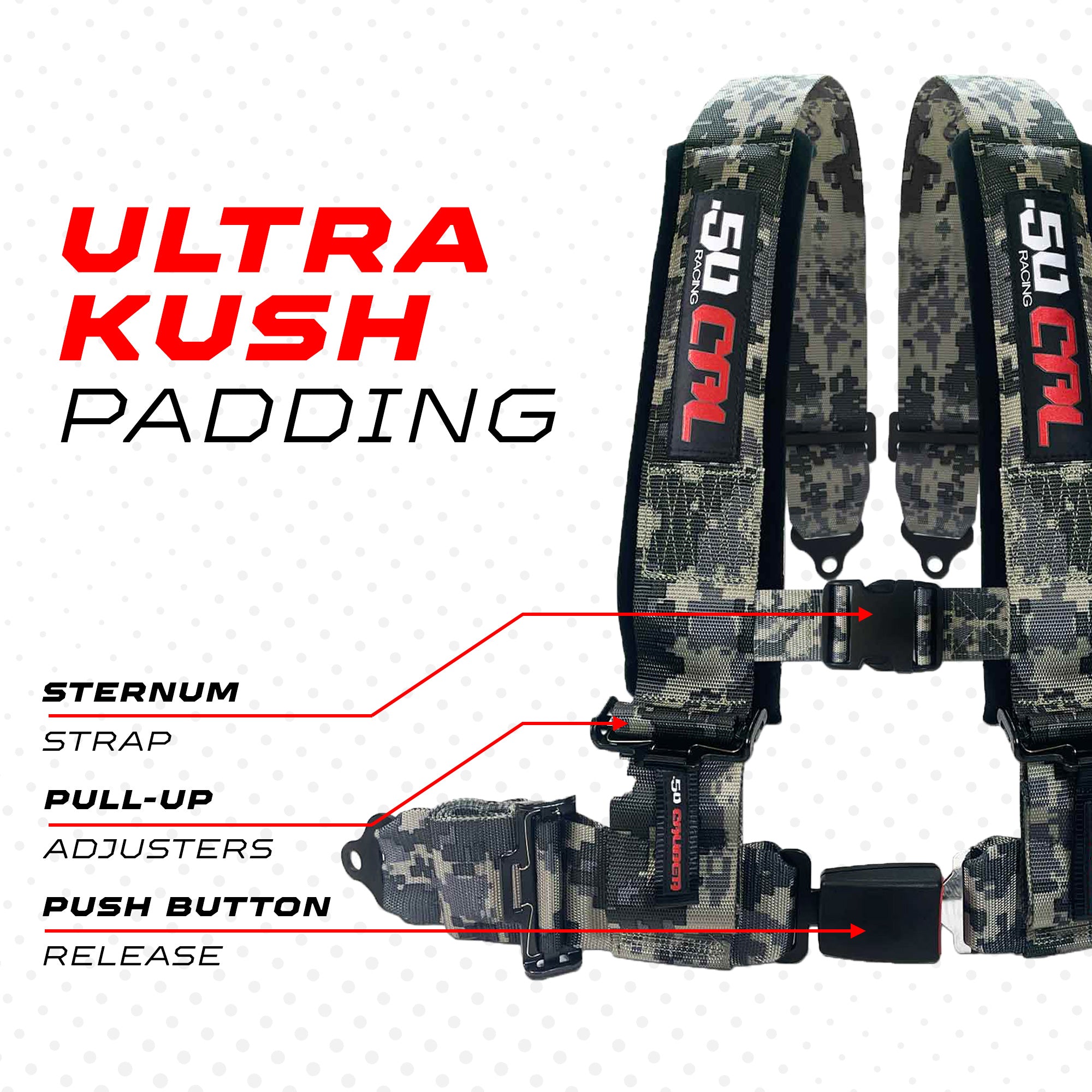 50 Caliber Racing 4-Point UTV Harness – Push Button, Sewn-In Pads, 10 Colors, 2" & 3"