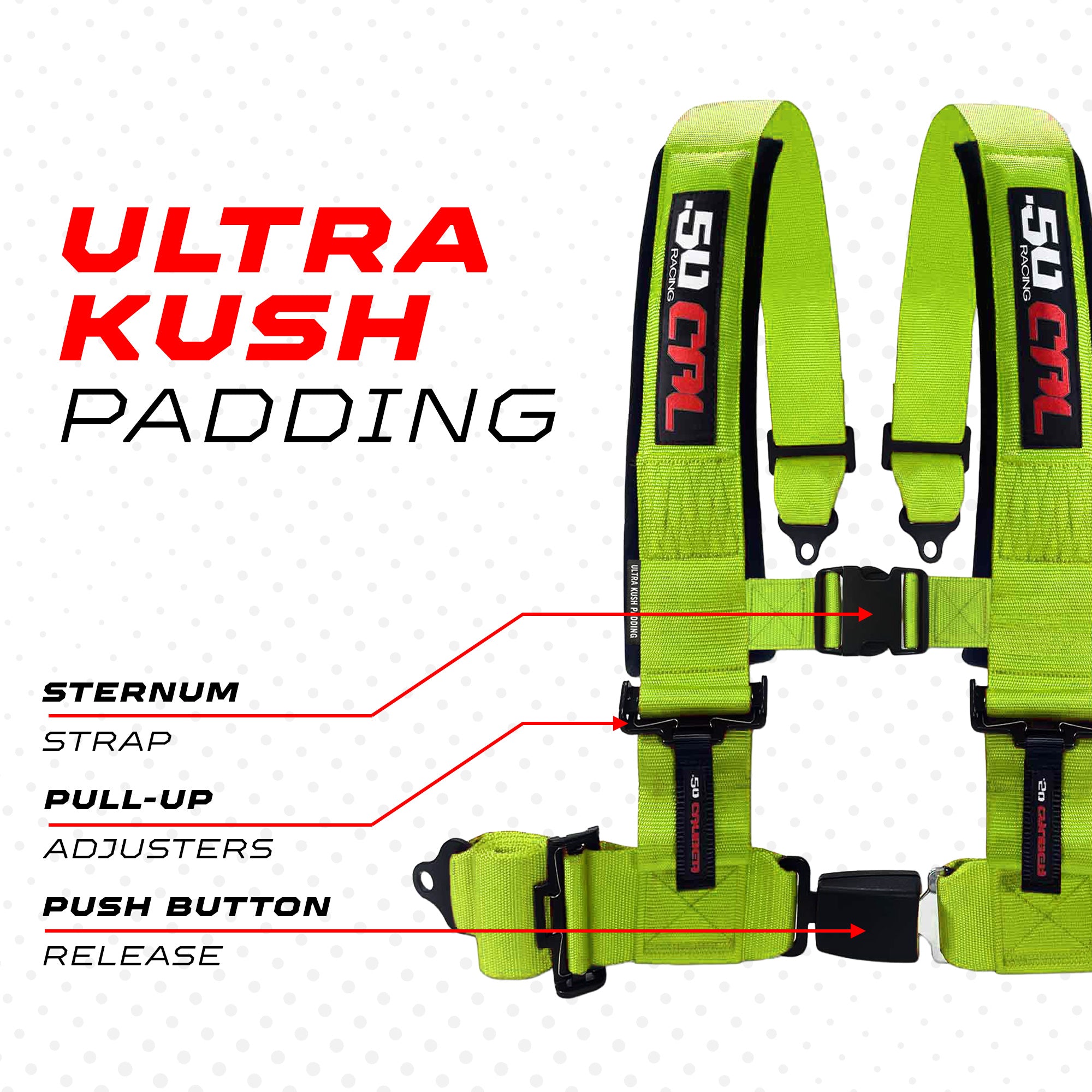 50 Caliber Racing 4-Point UTV Harness – Push Button, Sewn-In Pads, 10 Colors, 2" & 3"