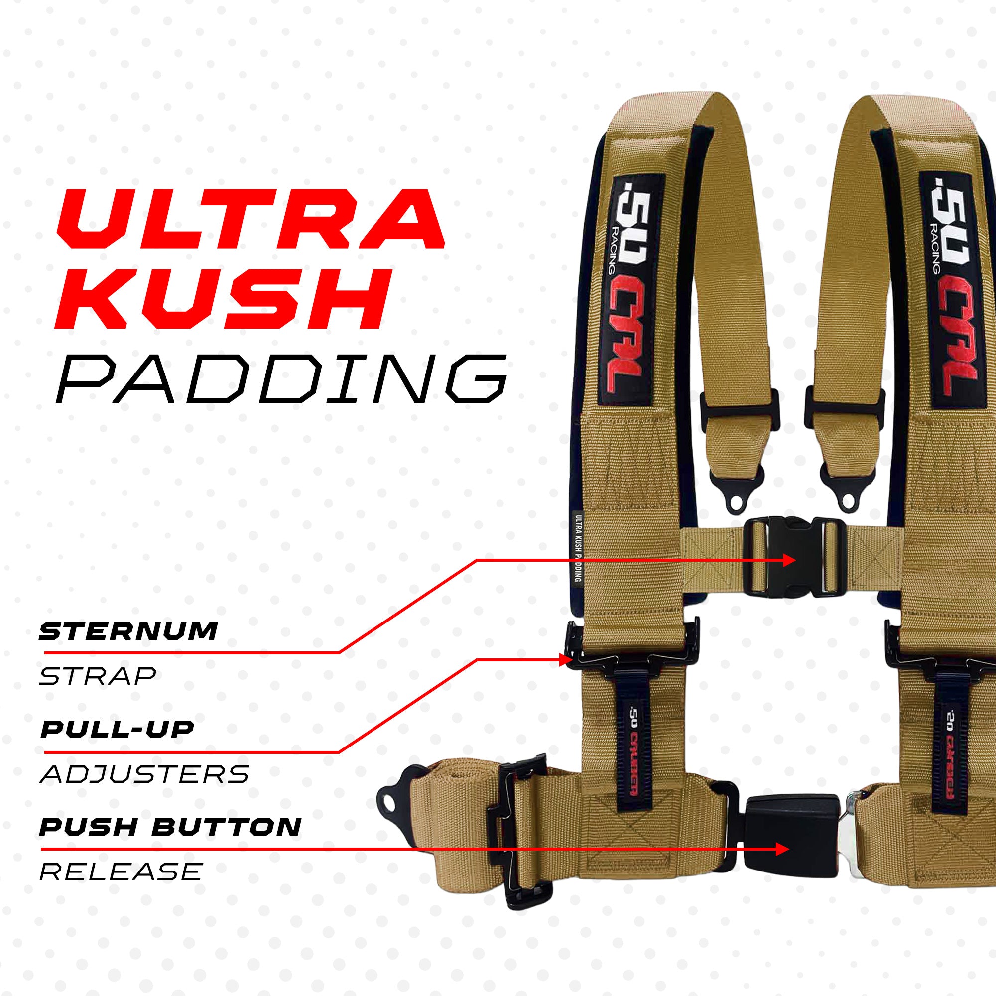 50 Caliber Racing 4-Point UTV Harness – Push Button, Sewn-In Pads, 10 Colors, 2" & 3"