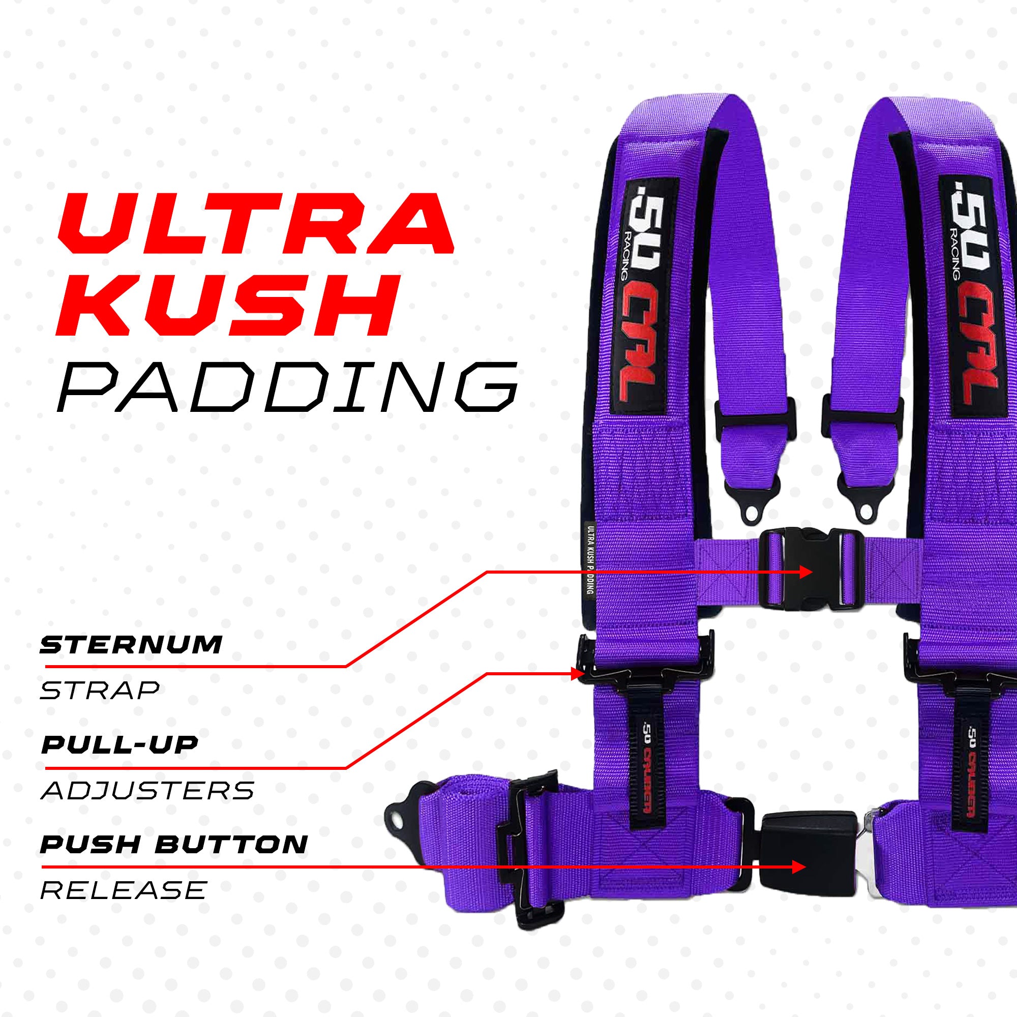 50 Caliber Racing 4-Point UTV Harness – Push Button, Sewn-In Pads, 10 Colors, 2" & 3"