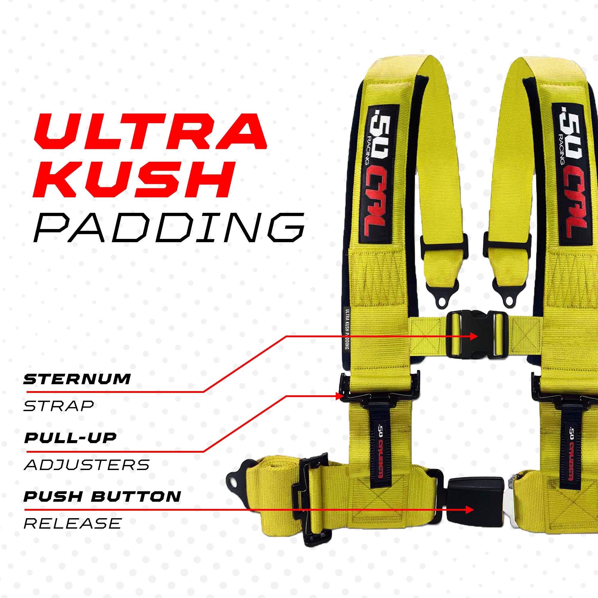 50 Caliber Racing 4-Point UTV Harness – Push Button, Sewn-In Pads, 10 Colors, 2" & 3"