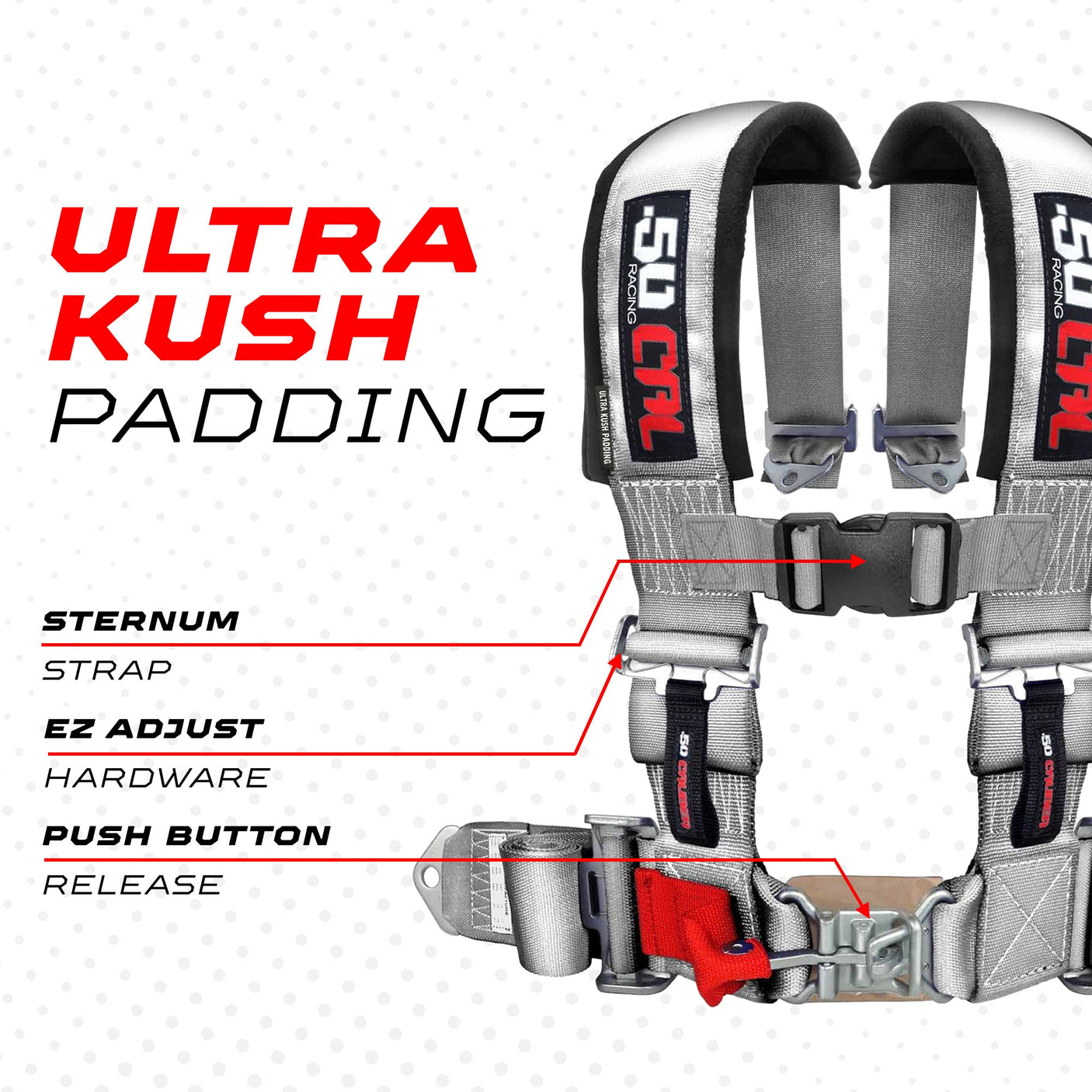 50 Caliber Racing 2-inch 4-point UTV harness in Silver — sewn-in padding details