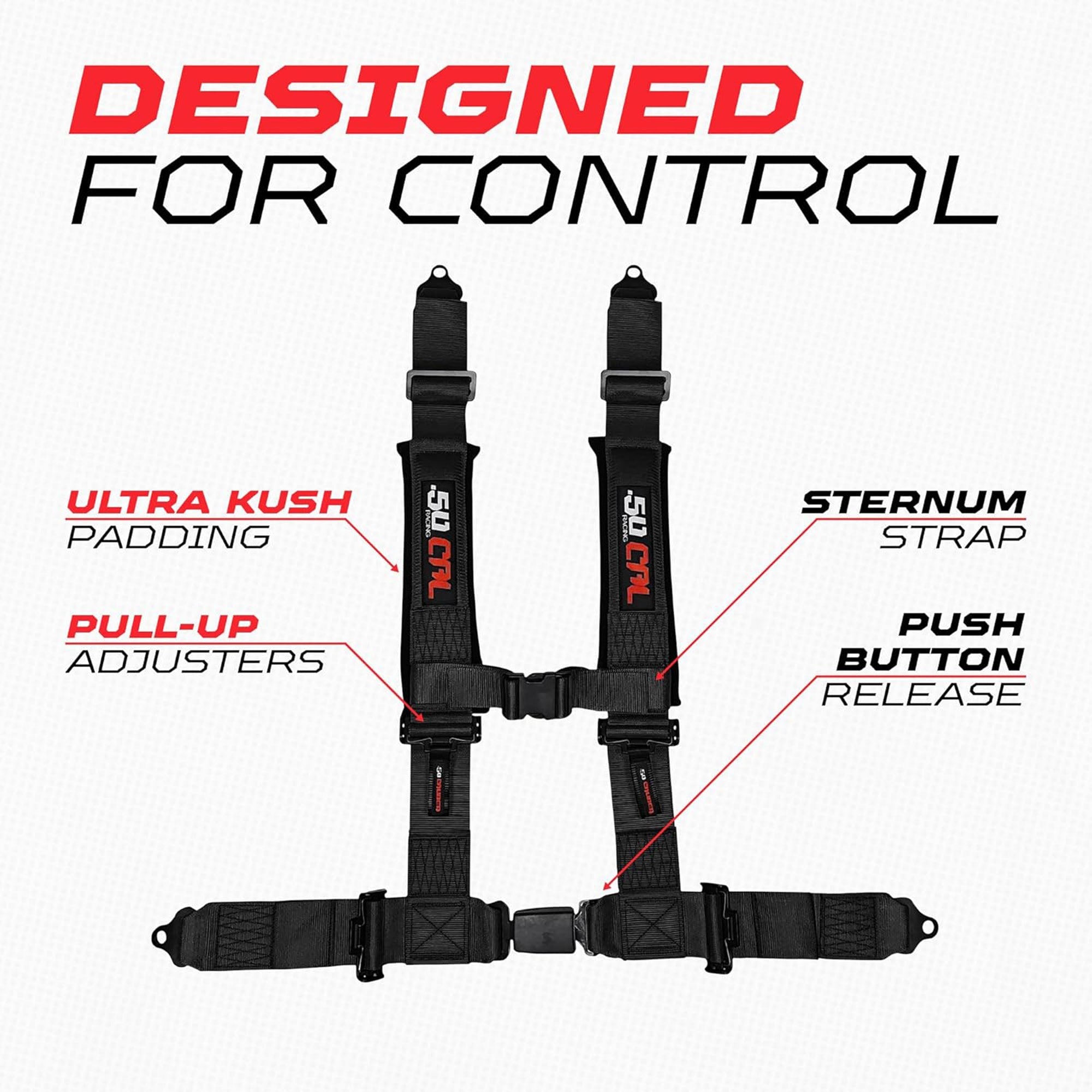 50 Caliber Racing 4-Point UTV Harness – Push Button, Sewn-In Pads, 10 Colors, 2" & 3"