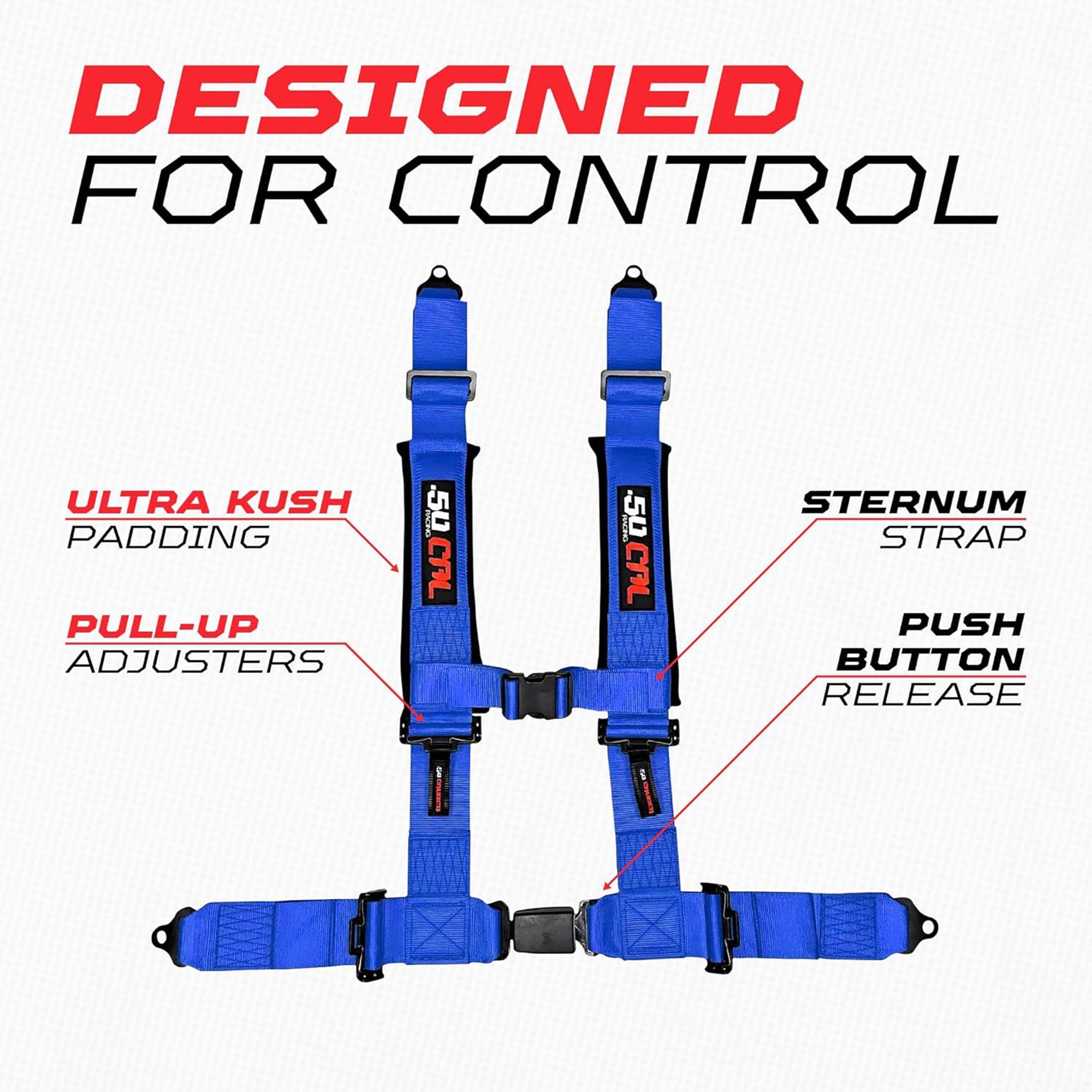 50 Caliber Racing 4-Point UTV Harness – Push Button, Sewn-In Pads, 10 Colors, 2" & 3"