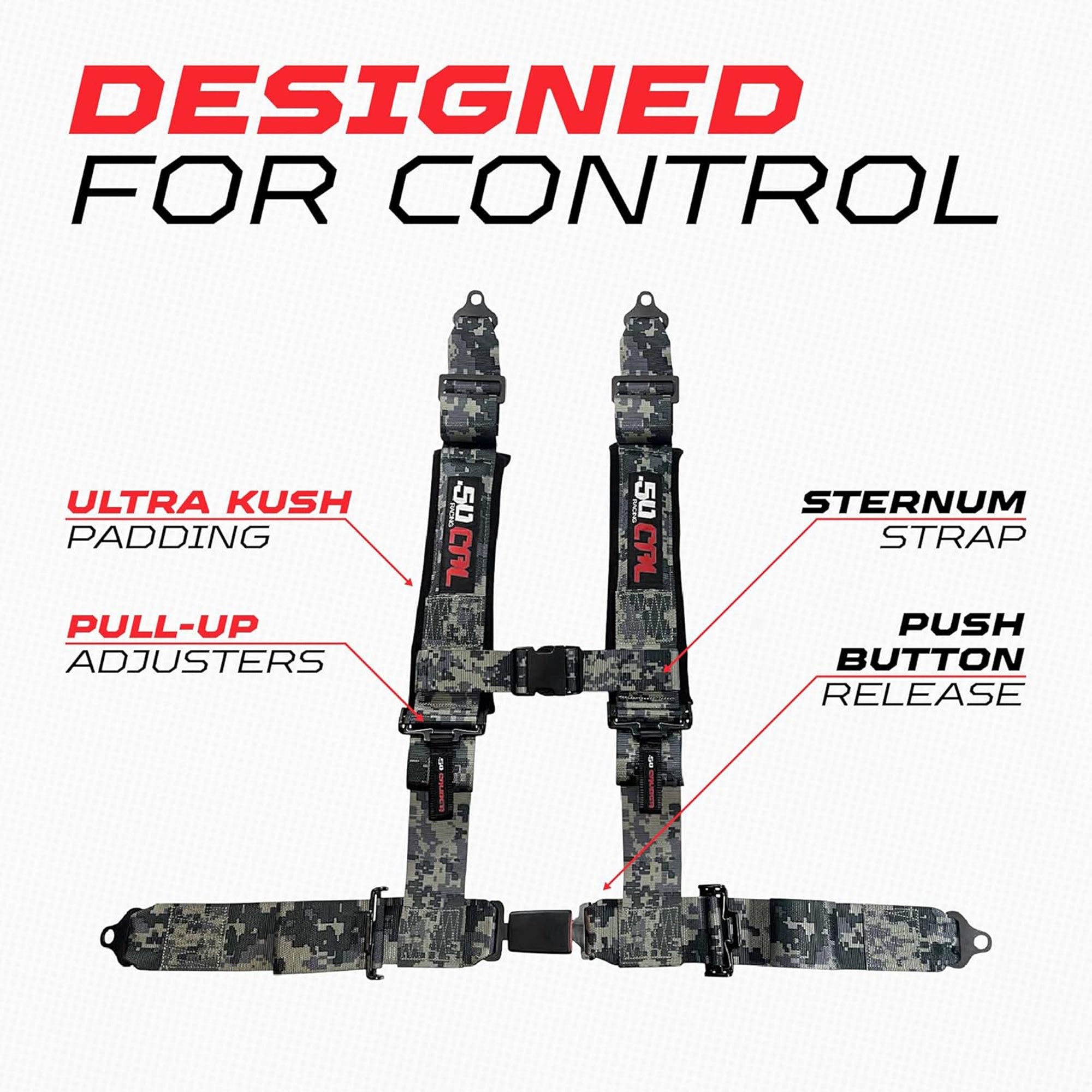 50 Caliber Racing 4-Point UTV Harness – Push Button, Sewn-In Pads, 10 Colors, 2" & 3"