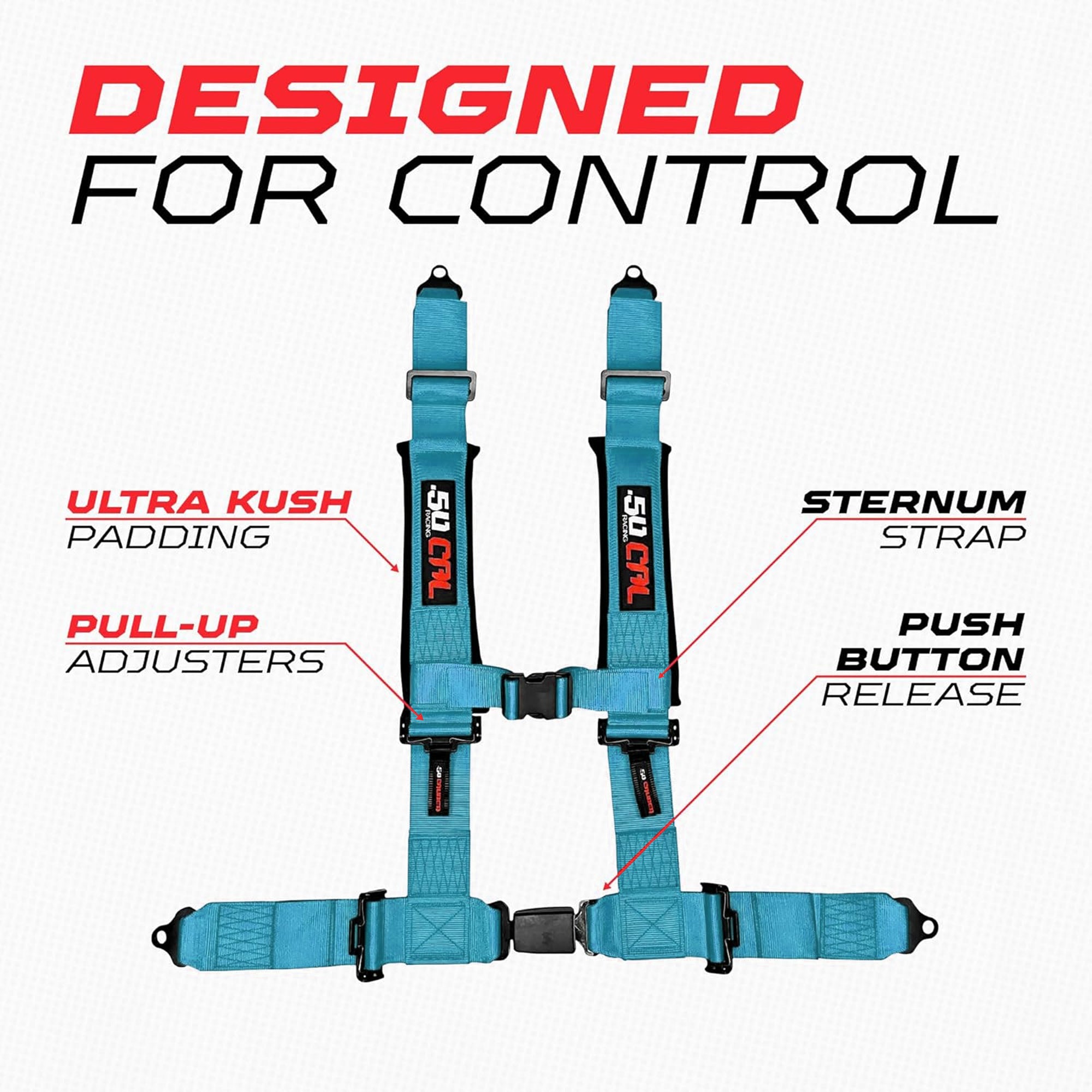 50 Caliber Racing 4-Point UTV Harness – Push Button, Sewn-In Pads, 10 Colors, 2" & 3"