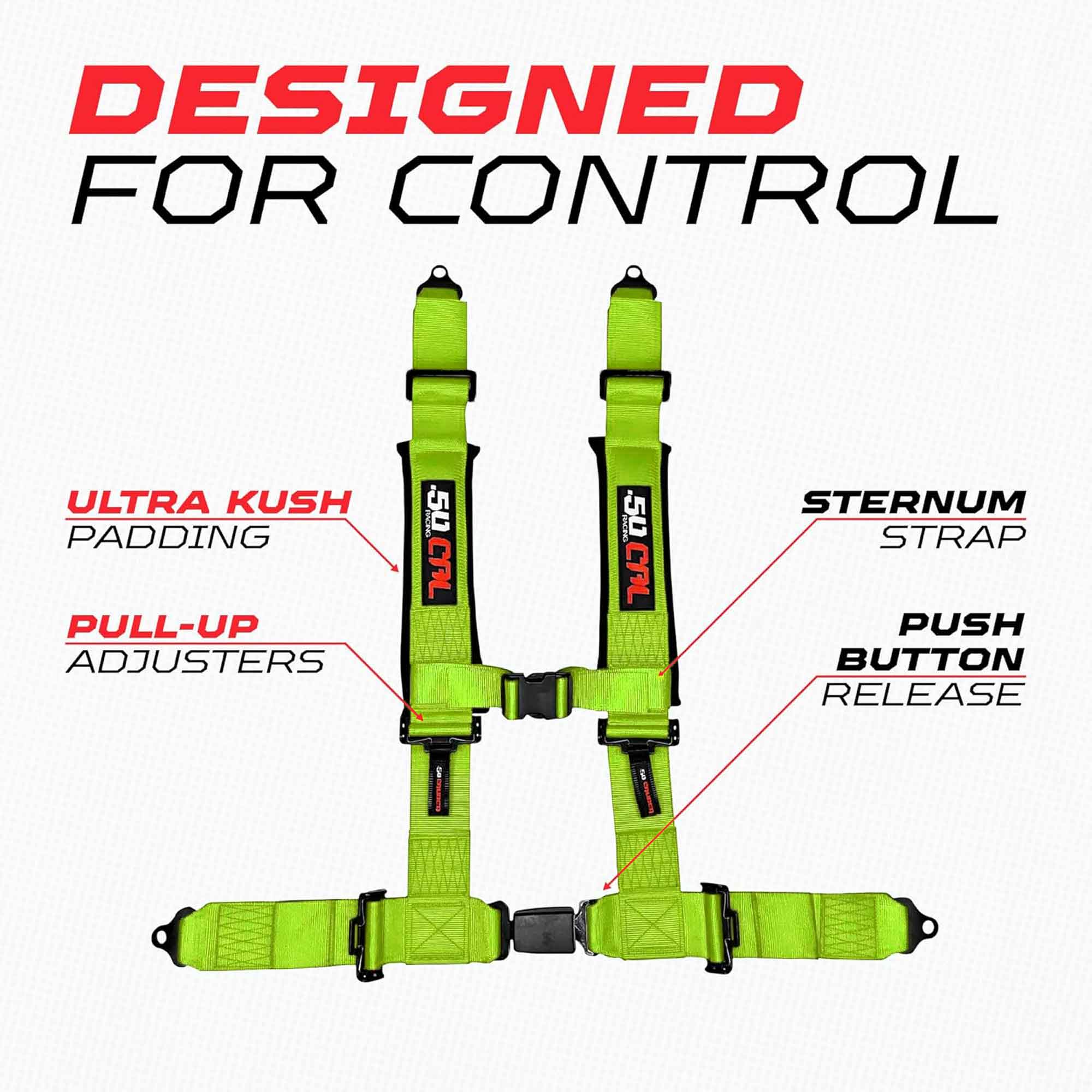 50 Caliber Racing 4-Point UTV Harness – Push Button, Sewn-In Pads, 10 Colors, 2" & 3"