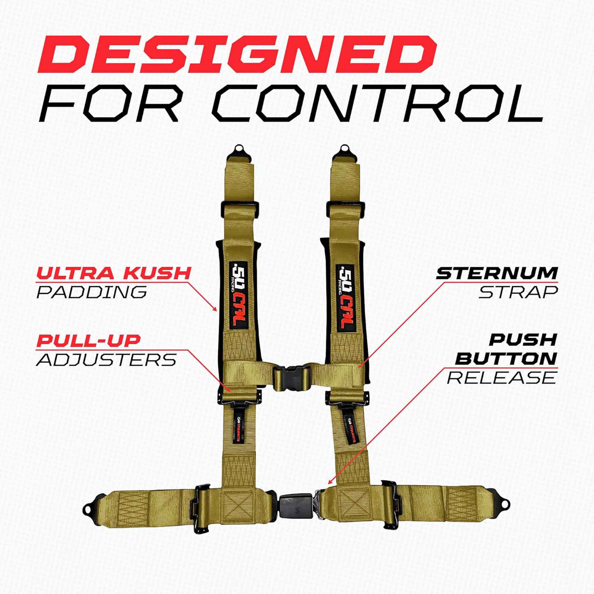 50 Caliber Racing 4-Point UTV Harness – Push Button, Sewn-In Pads, 10 Colors, 2" & 3"