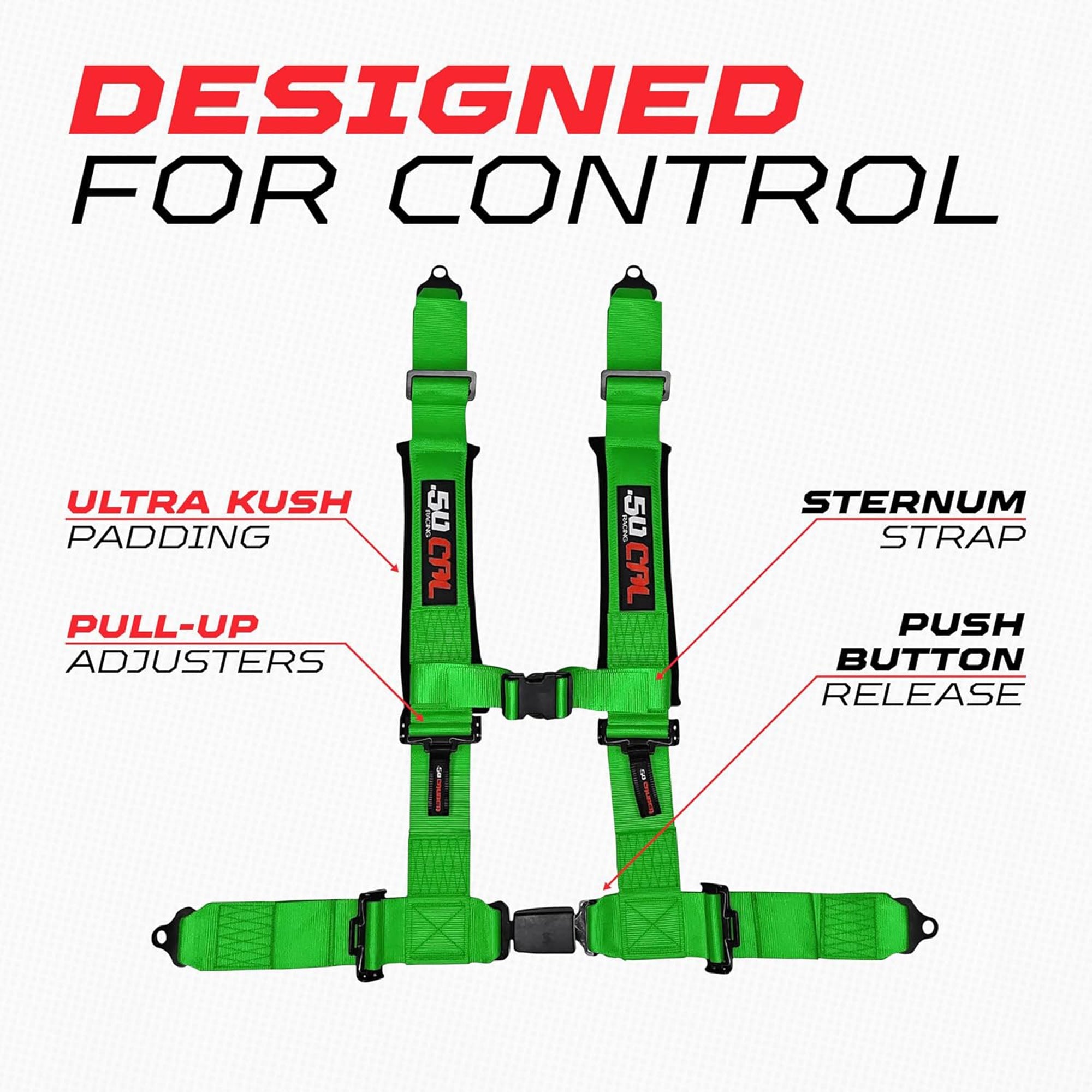 50 Caliber Racing 4-Point UTV Harness – Push Button, Sewn-In Pads, 10 Colors, 2" & 3"