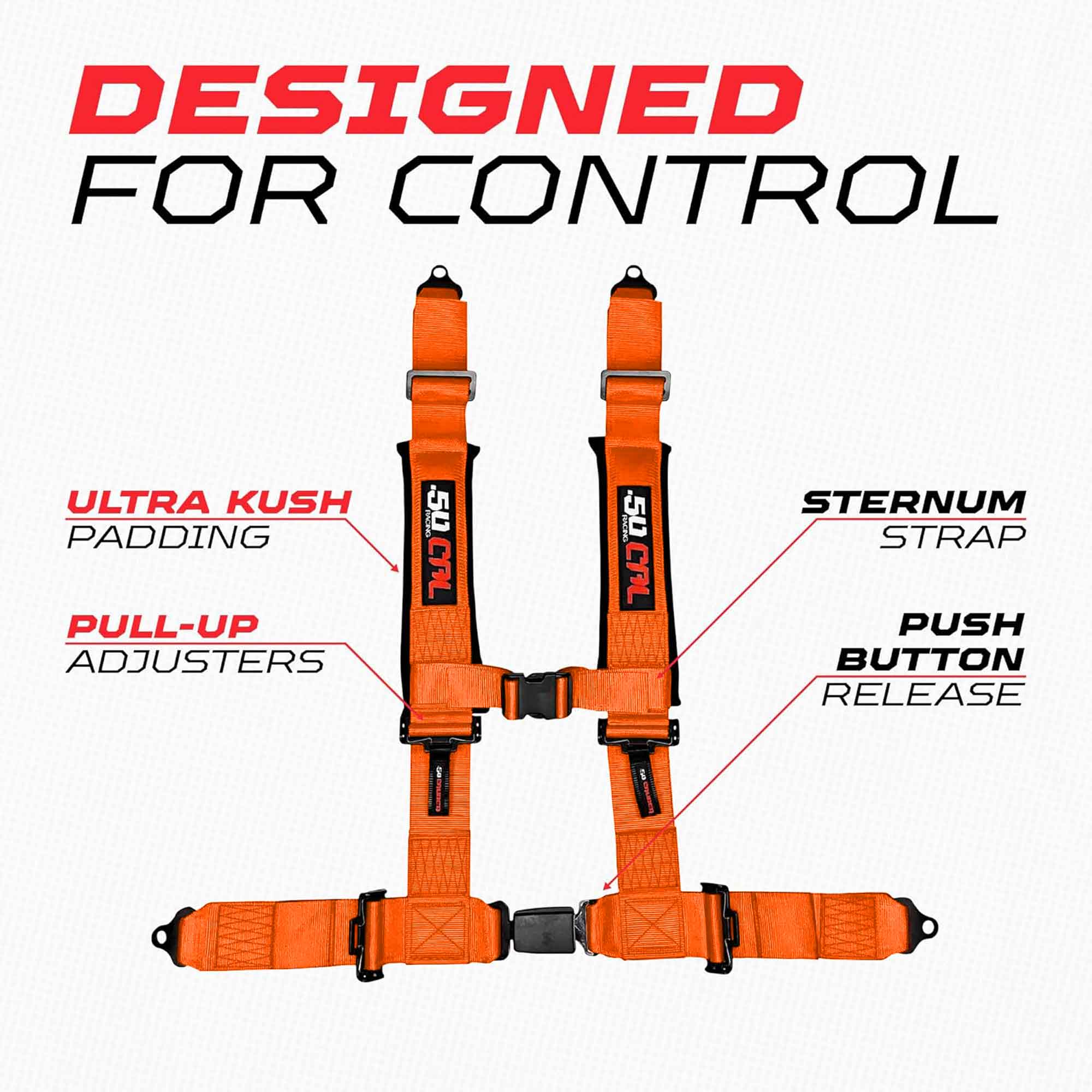 50 Caliber Racing 4-Point UTV Harness – Push Button, Sewn-In Pads, 10 Colors, 2" & 3"