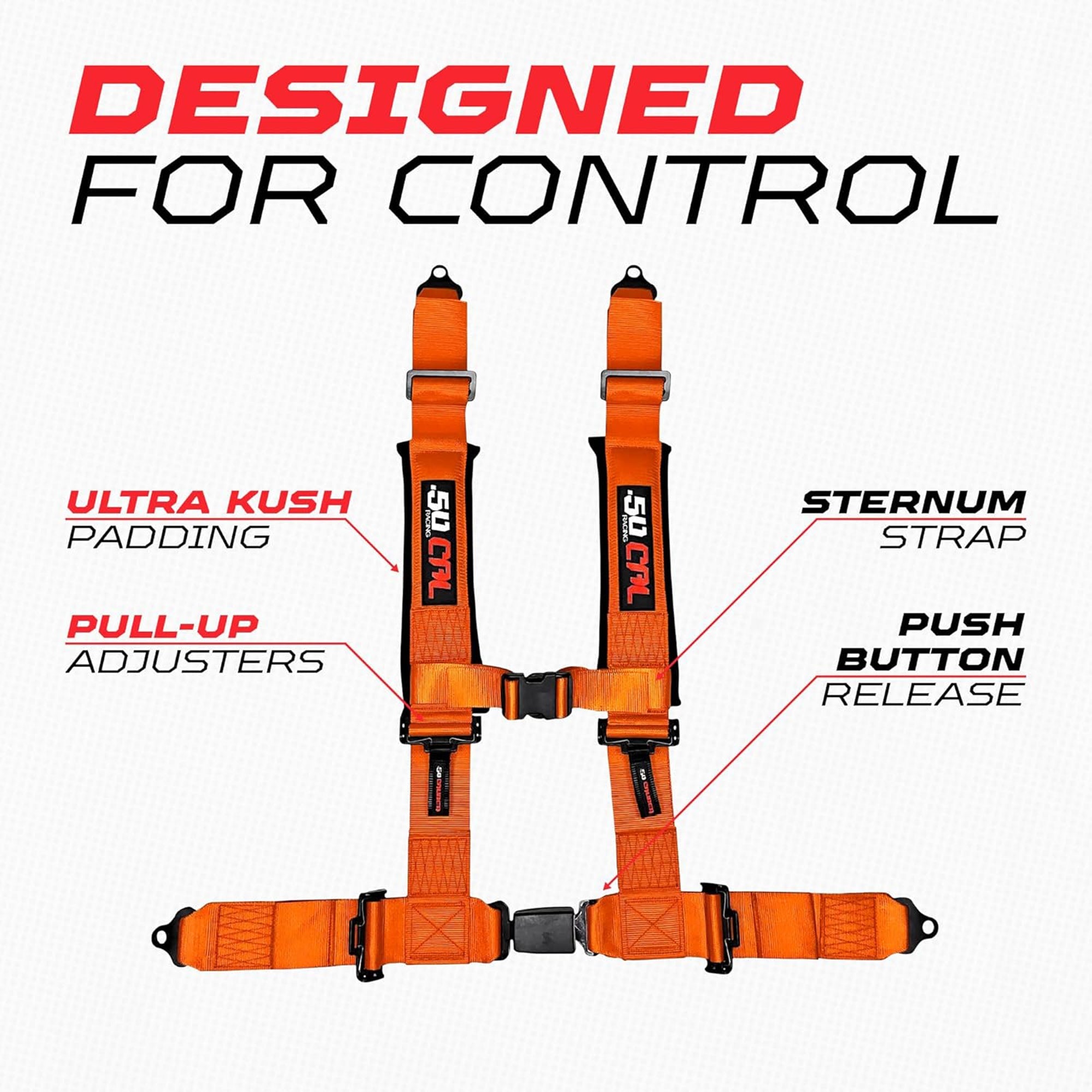 50 Caliber Racing 4-Point UTV Harness – Push Button, Sewn-In Pads, 10 Colors, 2" & 3"