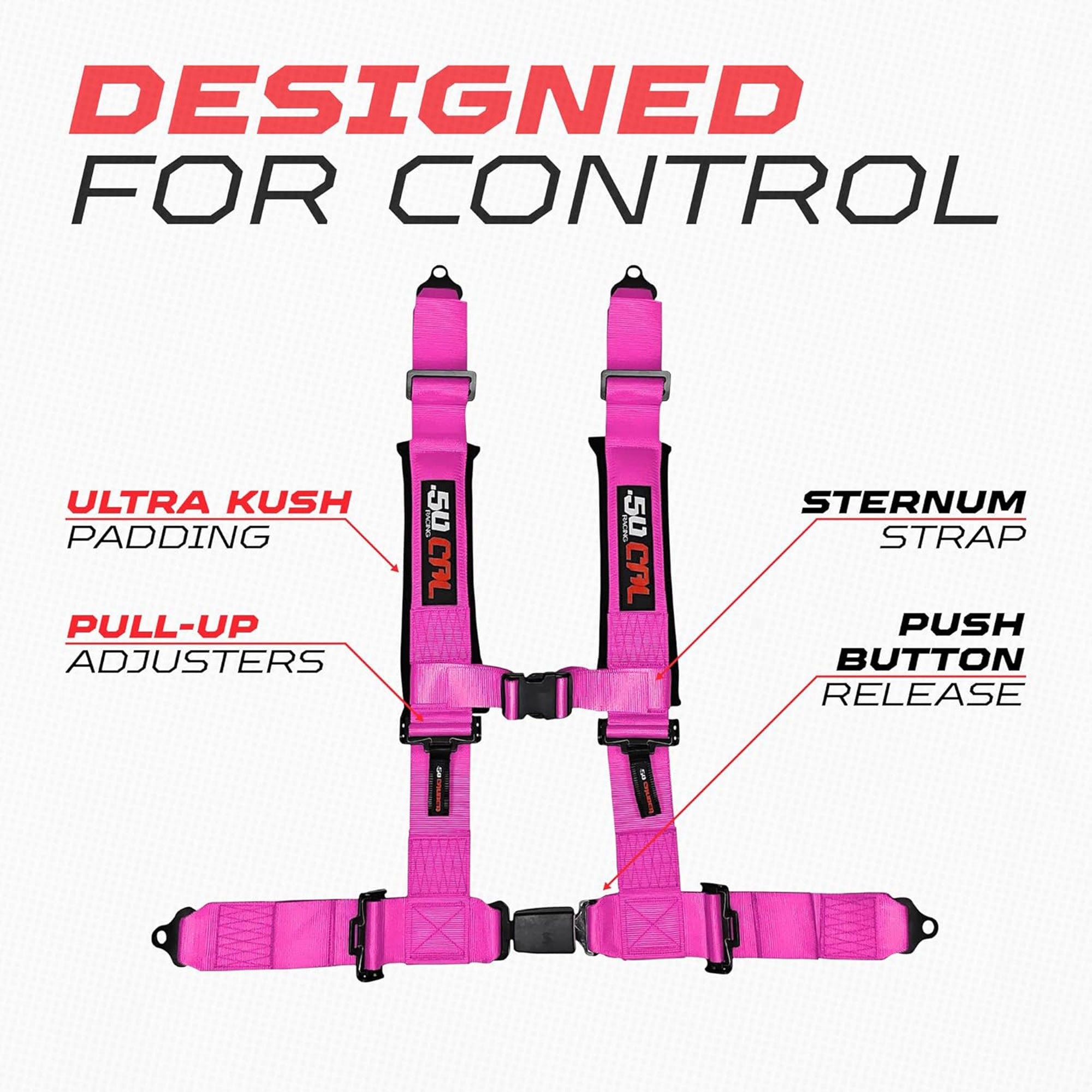 50 Caliber Racing 4-Point UTV Harness – Push Button, Sewn-In Pads, 10 Colors, 2" & 3"