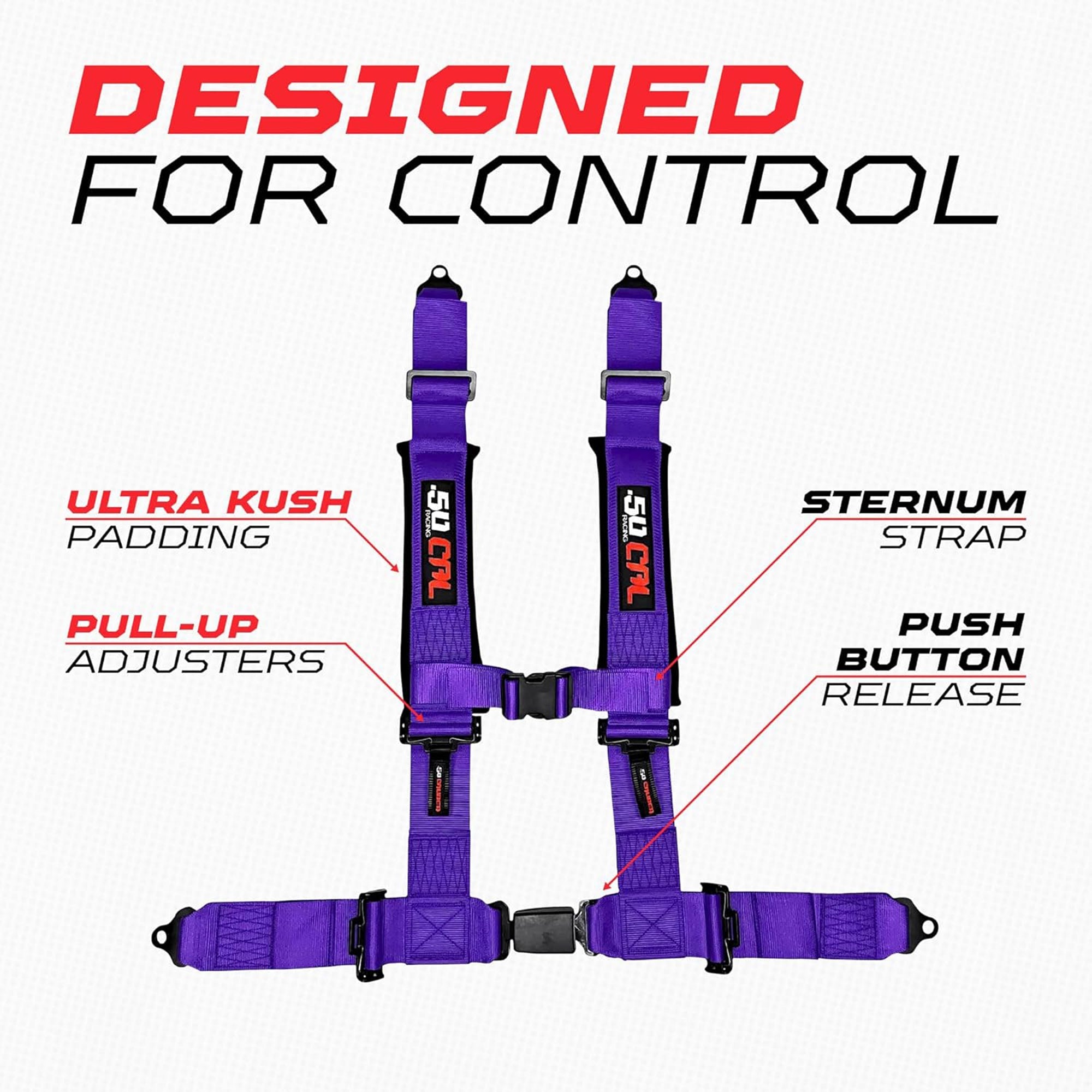 50 Caliber Racing 4-Point UTV Harness – Push Button, Sewn-In Pads, 10 Colors, 2" & 3"