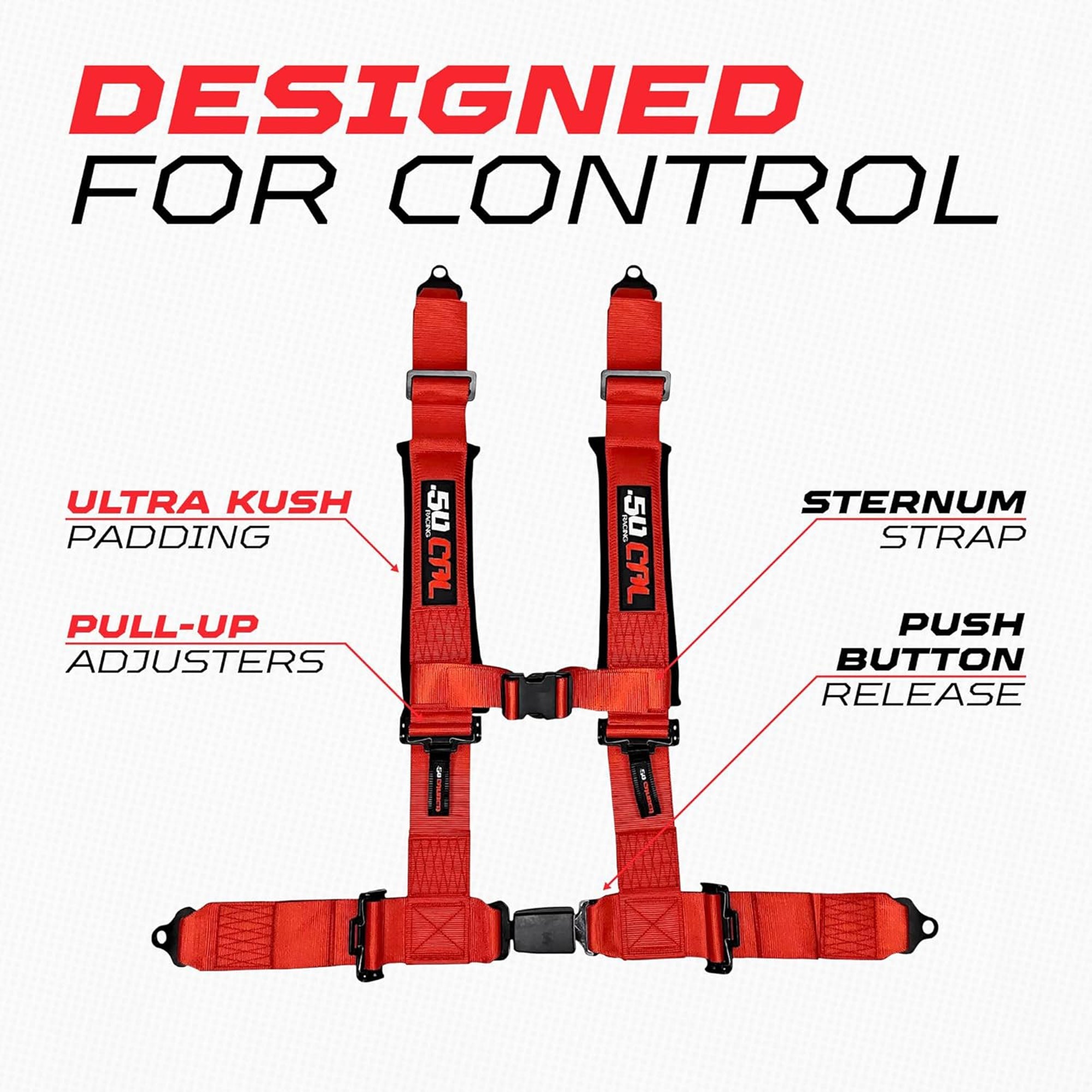 50 Caliber Racing 4-Point UTV Harness – Push Button, Sewn-In Pads, 10 Colors, 2" & 3"