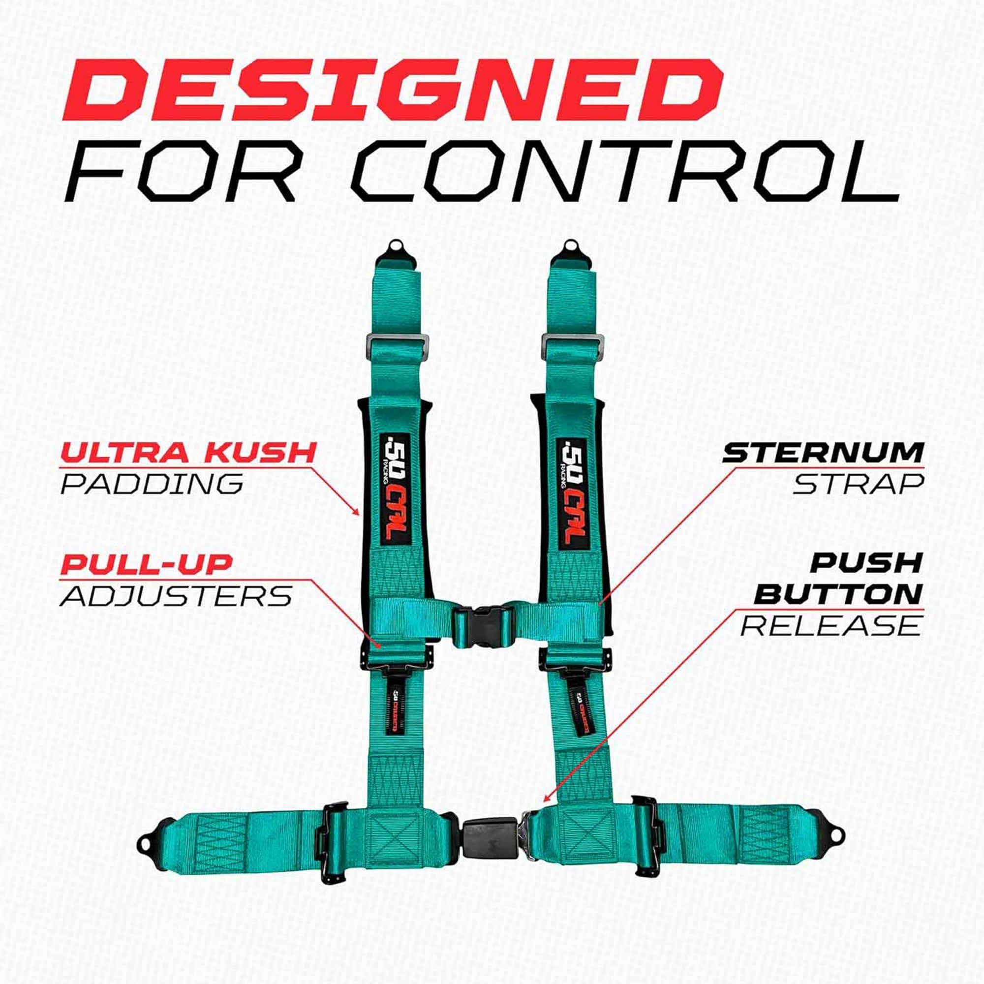 50 Caliber Racing 4-Point UTV Harness – Push Button, Sewn-In Pads, 10 Colors, 2" & 3"