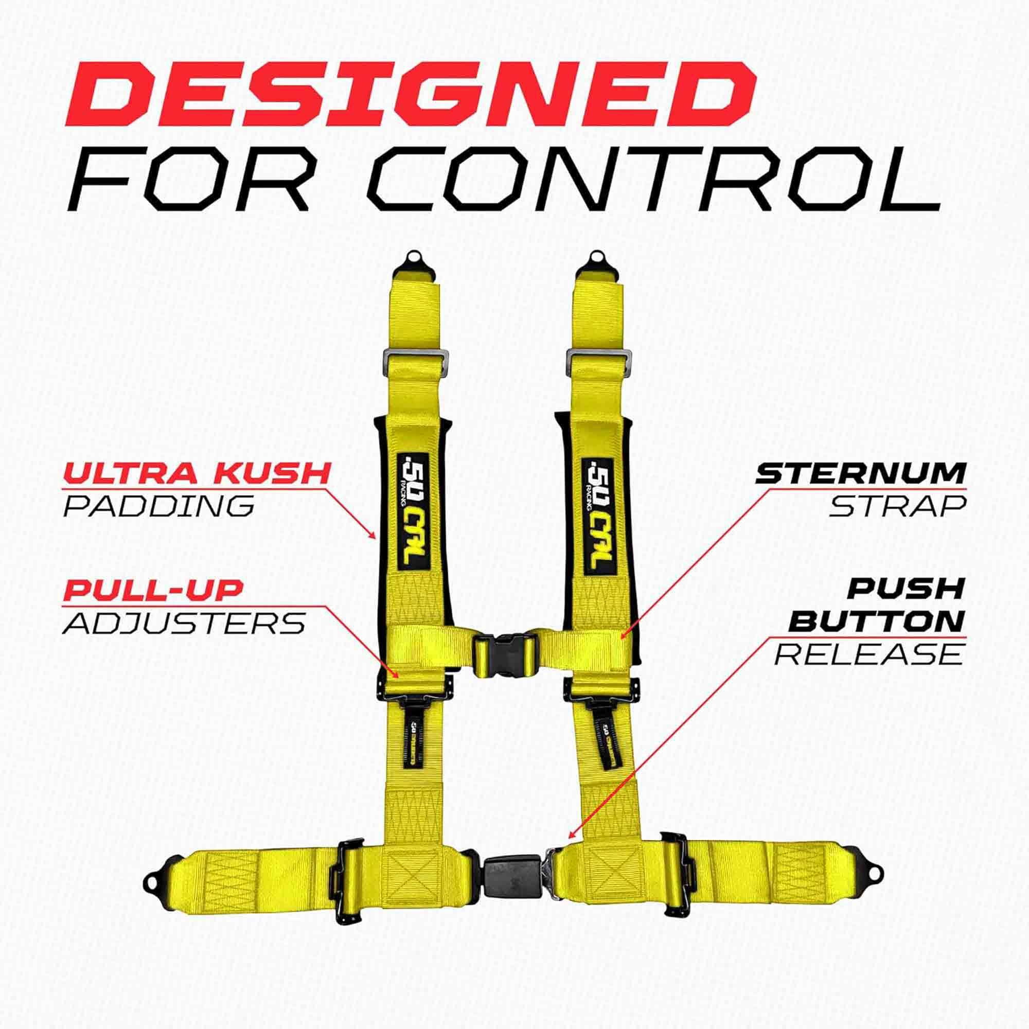 50 Caliber Racing 4-Point UTV Harness – Push Button, Sewn-In Pads, 10 Colors, 2" & 3"