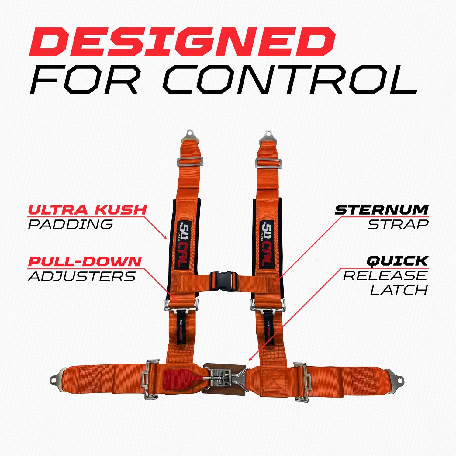 50 Caliber Racing 2-inch 4-point UTV harness in Orange — control and restraint design