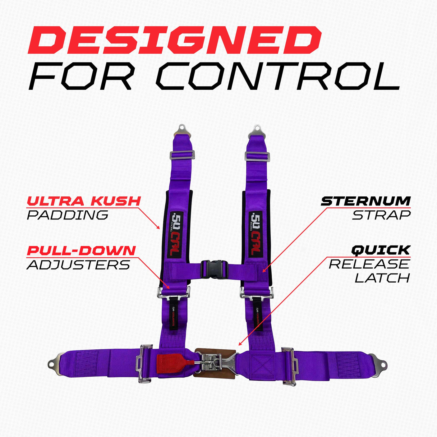 50 Caliber Racing 2-inch 4-point UTV harness in Purple — control and restraint design