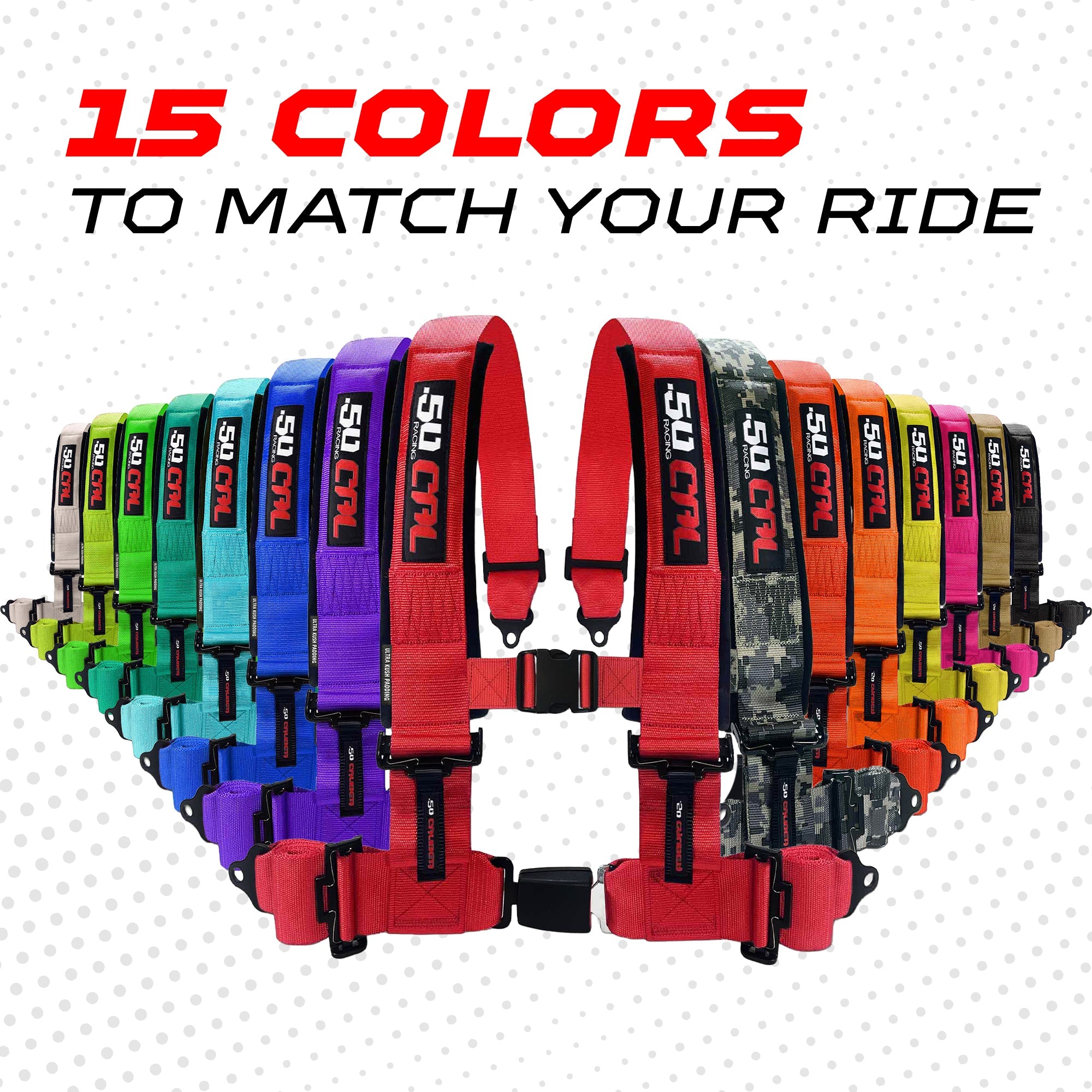 50 Caliber Racing 4-Point UTV Harness – Push Button, Sewn-In Pads, 10 Colors, 2" & 3"