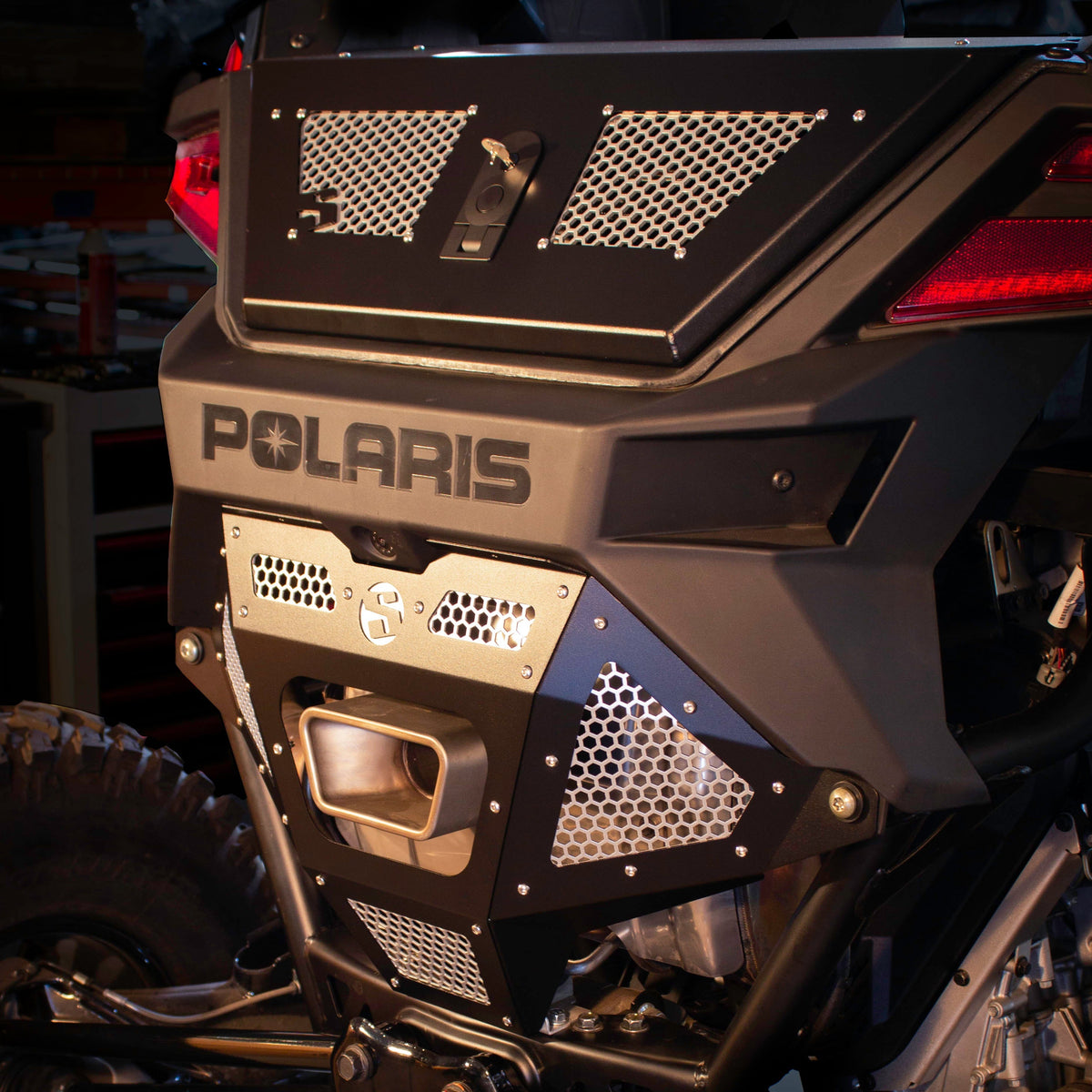 Photo of SDR Motorsports Polaris Pro R Rear Exhaust Cover by SDR Motorsports - Premium Exhaust Covers for UTVs / Side by Sides
