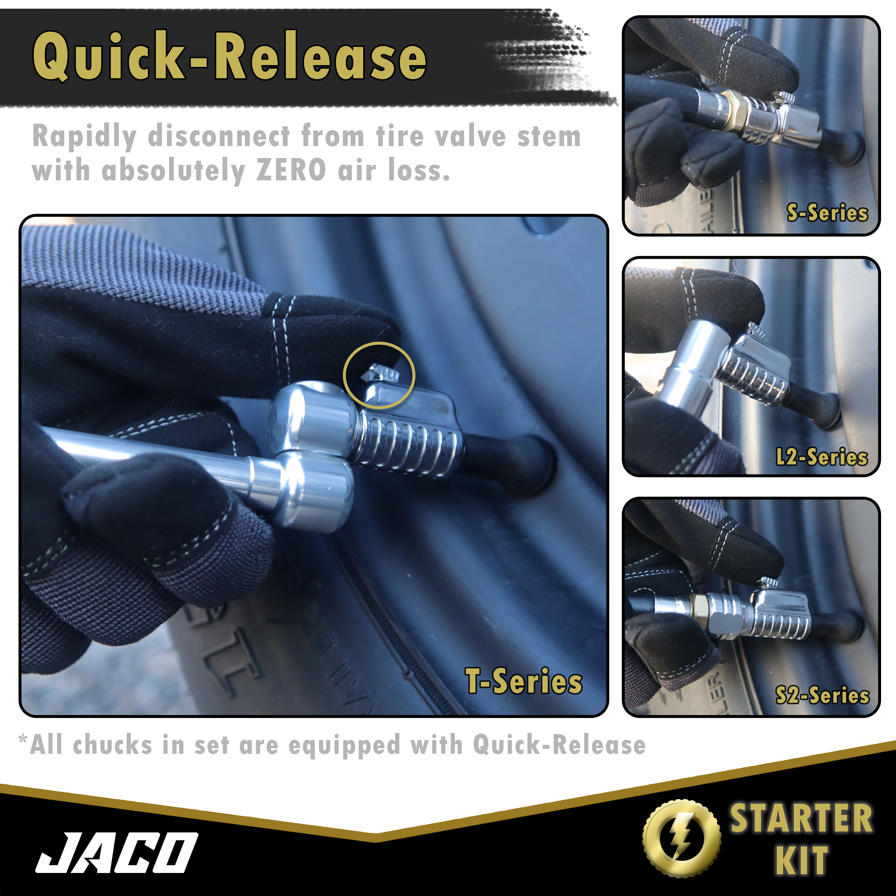 Photo of Lightning™ Tire Air Chuck Starter Kit - Patented | Open Flow, 1/4" F-NPT (Set of 7) by JACO - Premium Tire Accessories for UTVs / Side by Sides