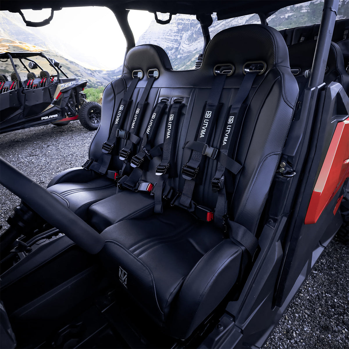 Photo of Maverick Sport Max Front Bench Seat With Harnesses (2019-2025) by UTV Mountain Accessories - Premium Seats & Accessories for UTVs / Side by Sides